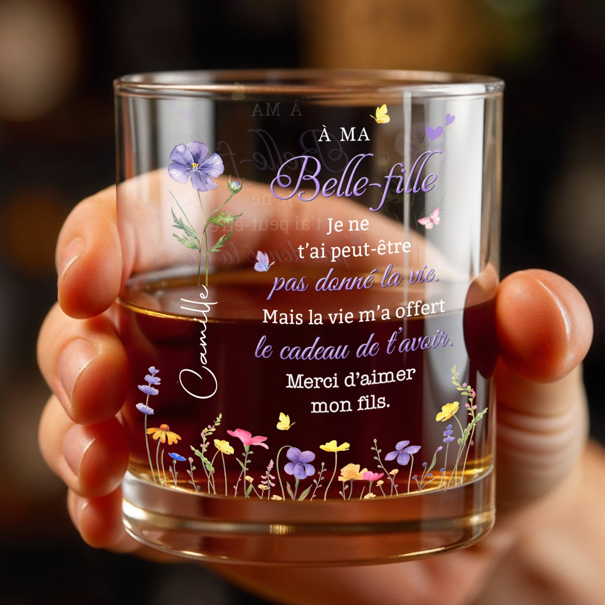 À MA Belle-fille Birth Month Flowers And Butterflies Custom Design - Personalized Custom Whiskey Glass - DILA215_RWG
