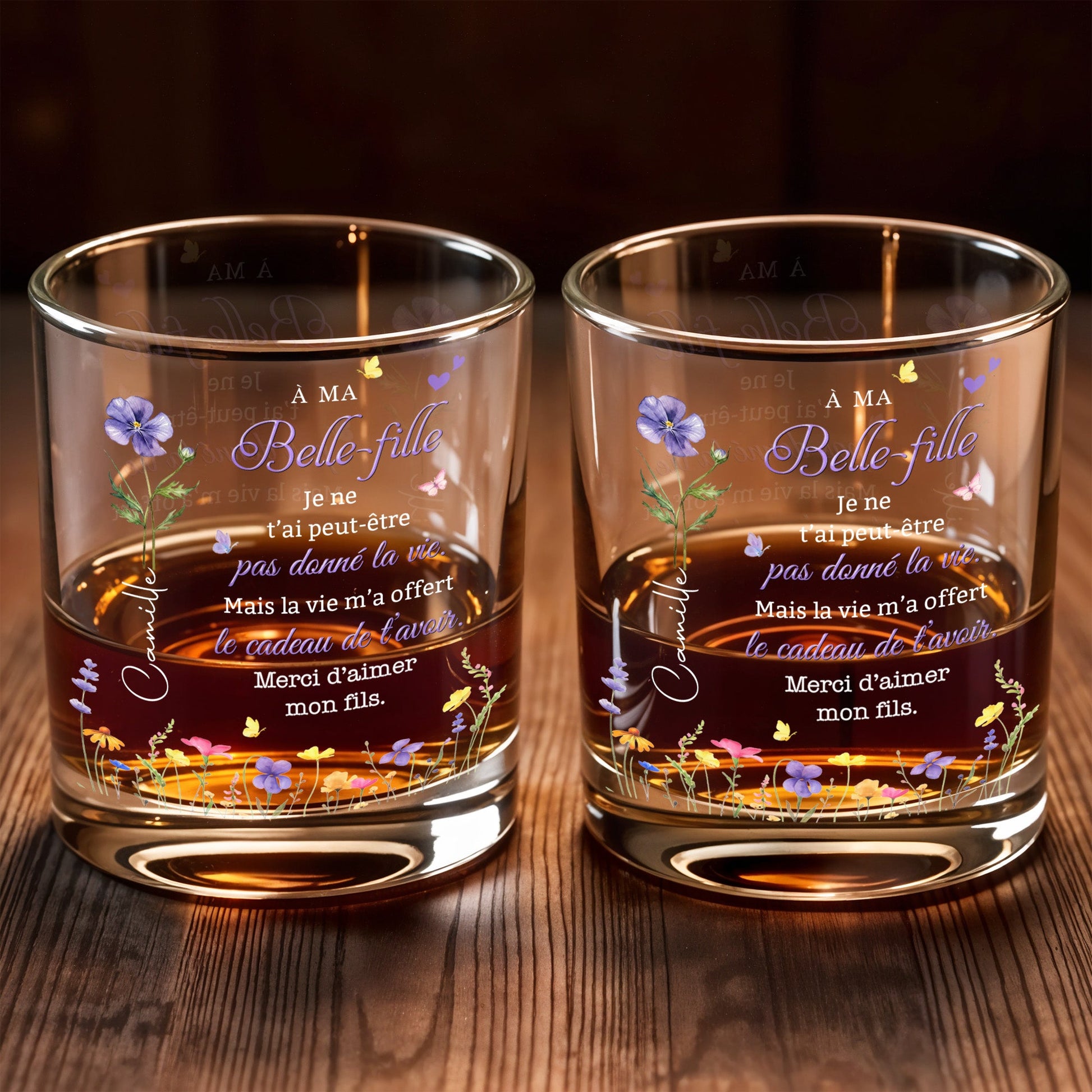 À MA Belle-fille Birth Month Flowers And Butterflies Custom Design - Personalized Custom Whiskey Glass - DILA215_RWG