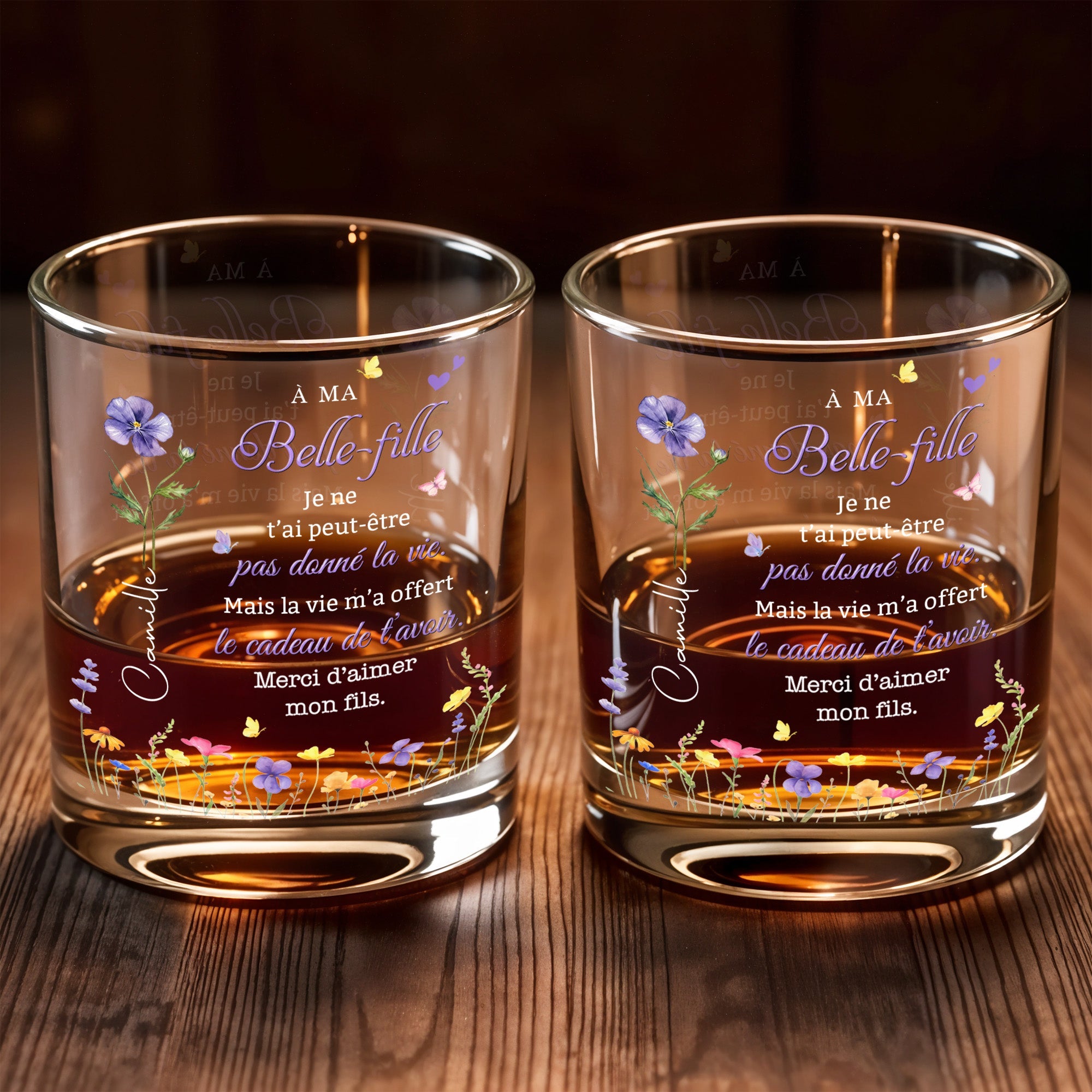 À MA Belle-fille Birth Month Flowers And Butterflies Custom Design - Personalized Custom Whiskey Glass - DILA215_RWG