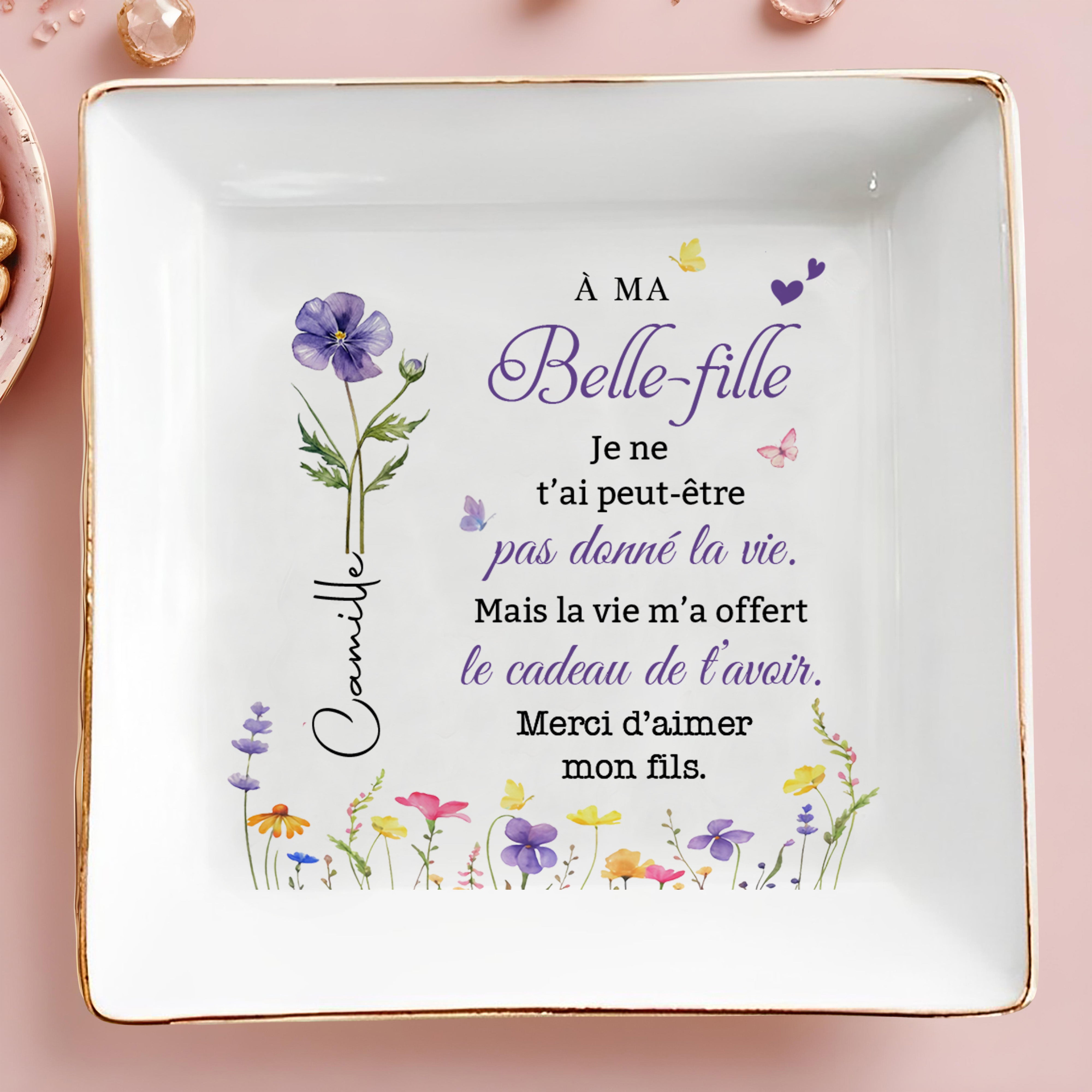 À MA Belle-fille Custom Birth Month Flower Jewelery Dish - Personalized Custom Jewelry Dish, Square Ceramic Dish - DILA215_SCRD