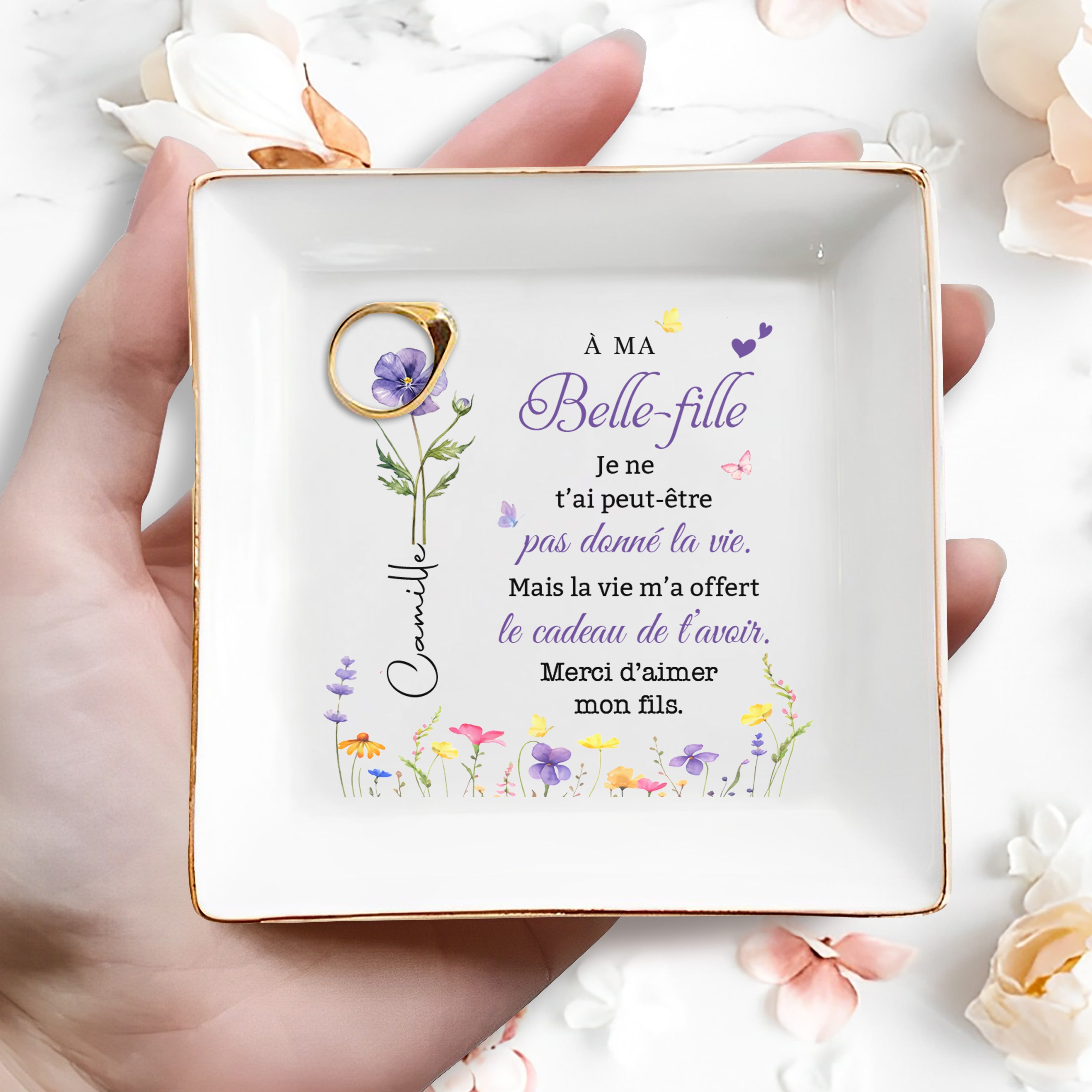 À MA Belle-fille Custom Birth Month Flower Jewelery Dish - Personalized Custom Jewelry Dish, Square Ceramic Dish - DILA215_SCRD