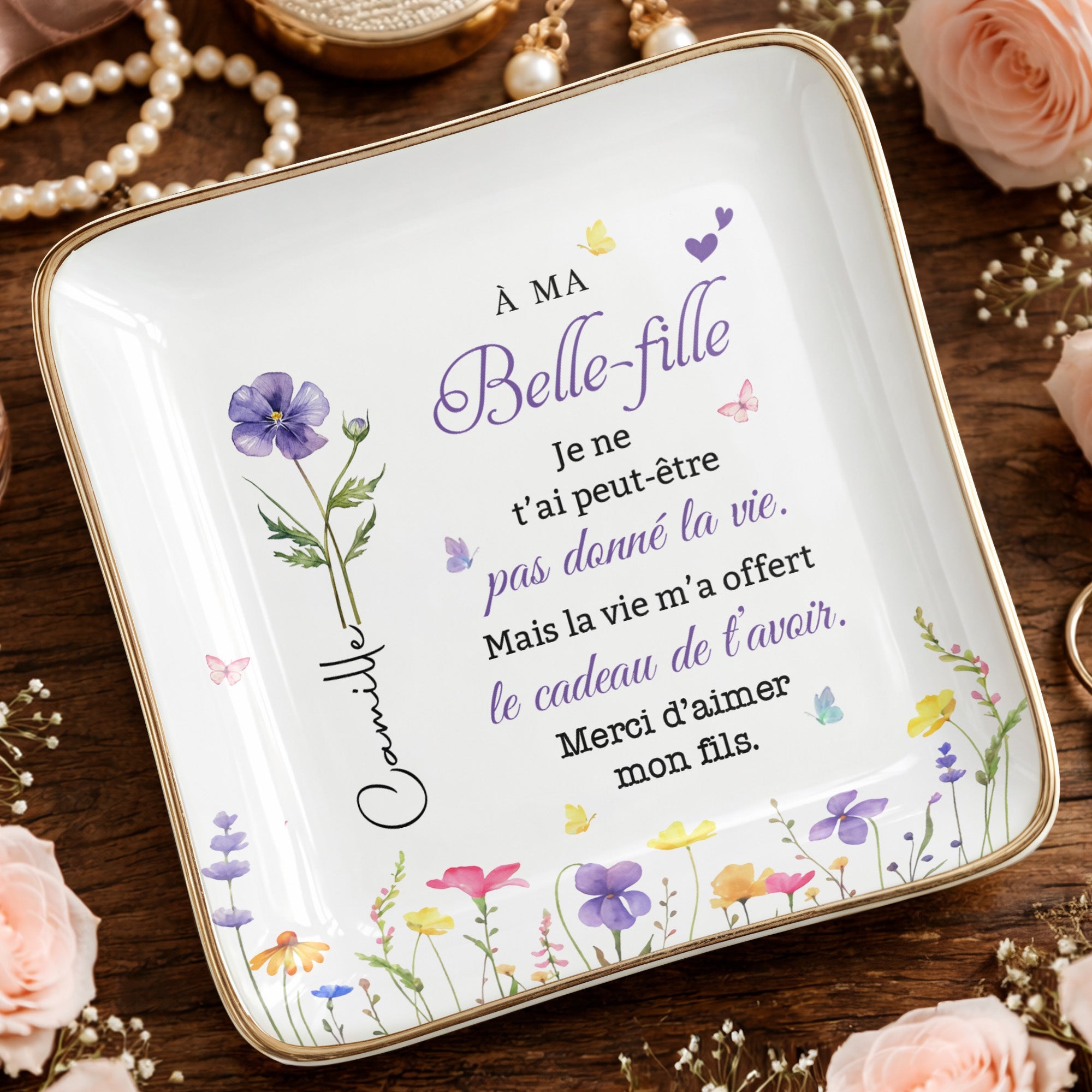 À MA Belle-fille, Custom Birth Month Flowers And Butterflies - Personalized Custom Jewelry Dish, Ceramic Dish, Square Shape - DILA215_SCRF