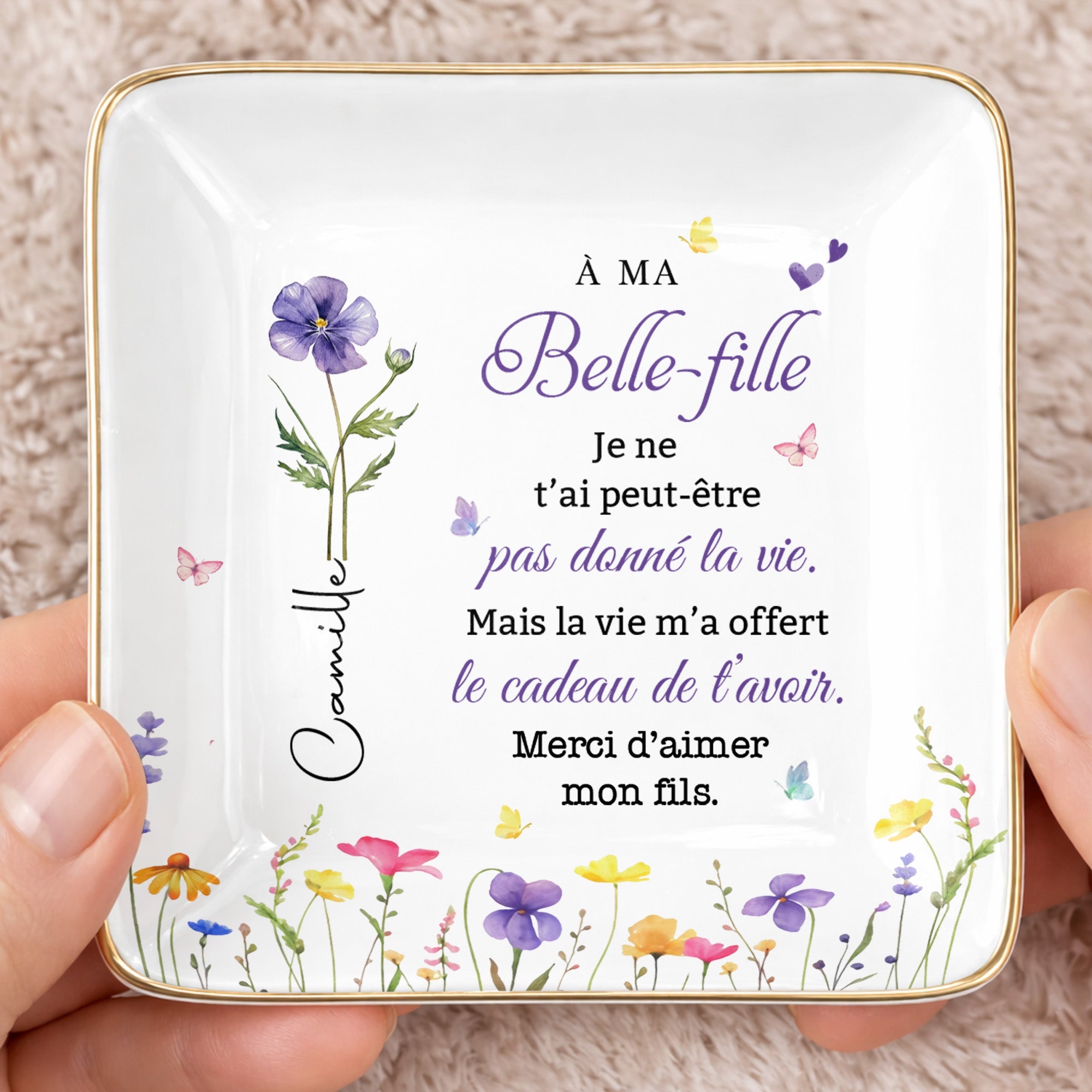 À MA Belle-fille, Custom Birth Month Flowers And Butterflies - Personalized Custom Jewelry Dish, Ceramic Dish, Square Shape - DILA215_SCRF