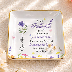 À MA Belle-fille, Custom Birth Month Flowers And Butterflies - Personalized Custom Jewelry Dish, Ceramic Dish, Square Shape - DILA215_SCRF