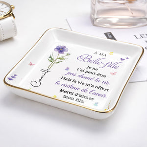 À MA Belle-fille, Custom Birth Month Flowers And Butterflies - Personalized Custom Jewelry Dish, Ceramic Dish, Square Shape - DILA215_SCRF