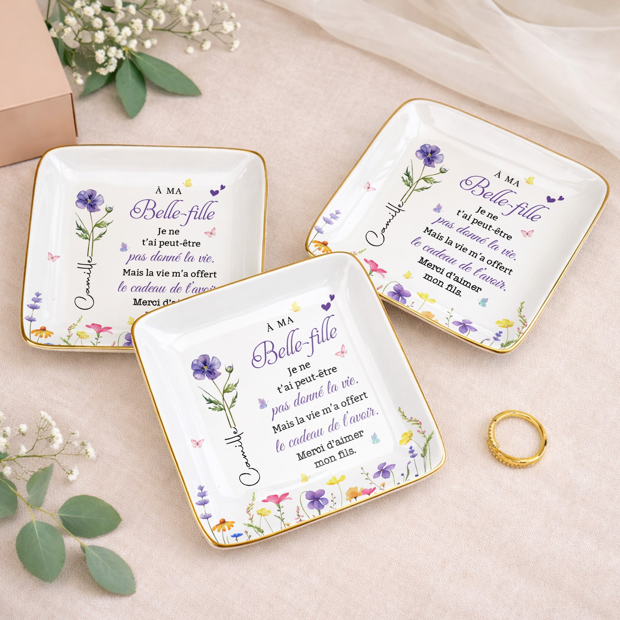 À MA Belle-fille, Custom Birth Month Flowers And Butterflies - Personalized Custom Jewelry Dish, Ceramic Dish, Square Shape - DILA215_SCRF
