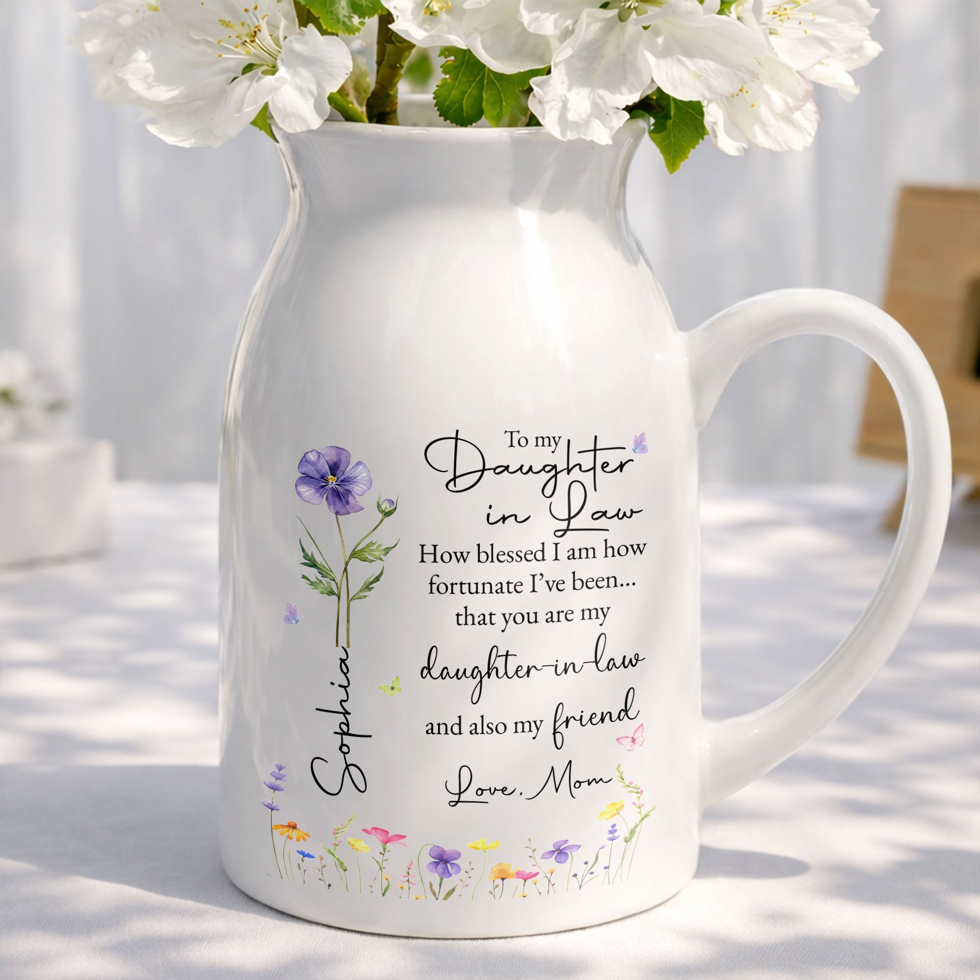 To My Daughter In Law How Blessed I Am Custom Birth Month Flower - Personalized Ceramic Flower Vase