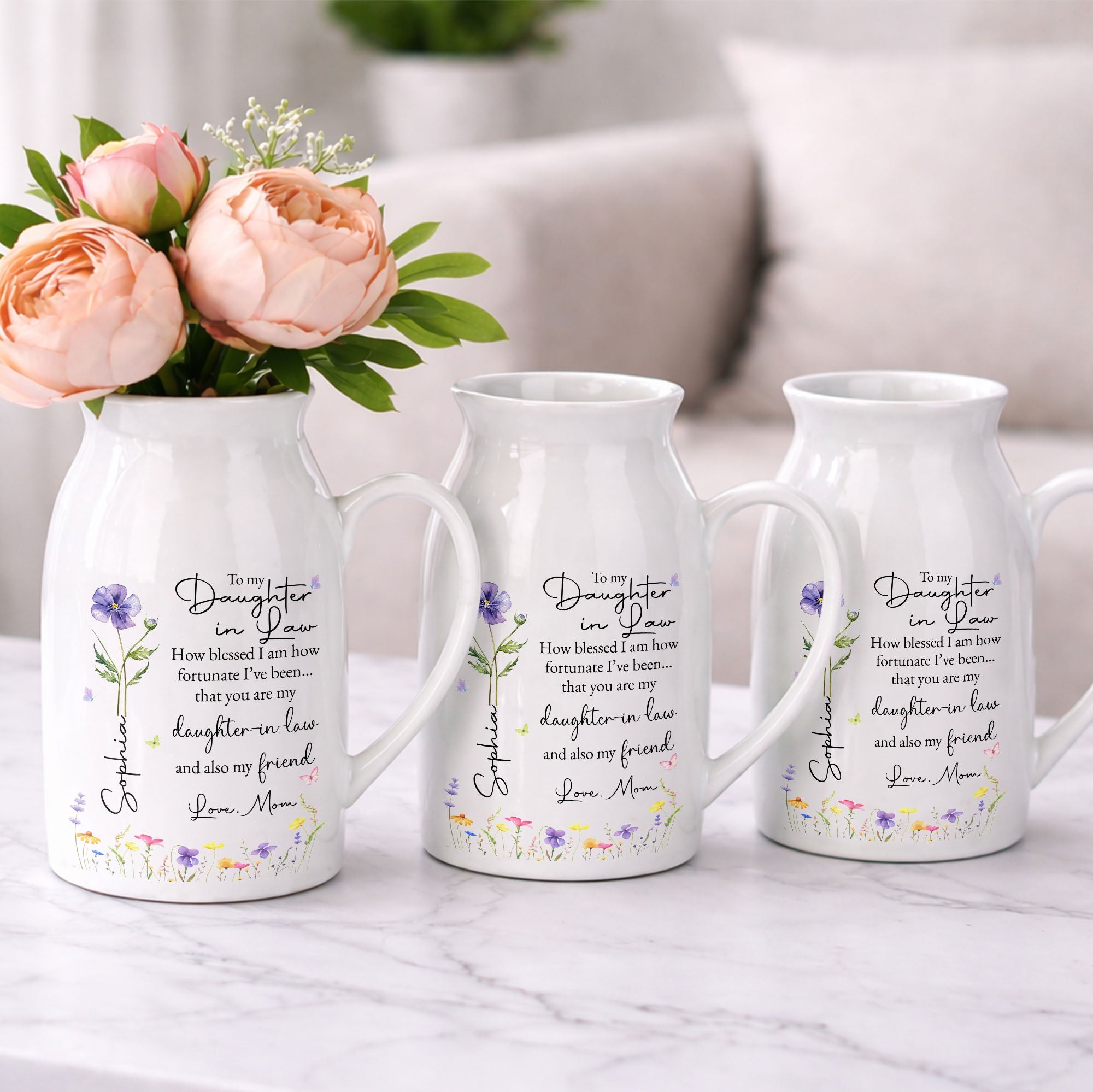 To My Daughter In Law How Blessed I Am Custom Birth Month Flower - Personalized Ceramic Flower Vase