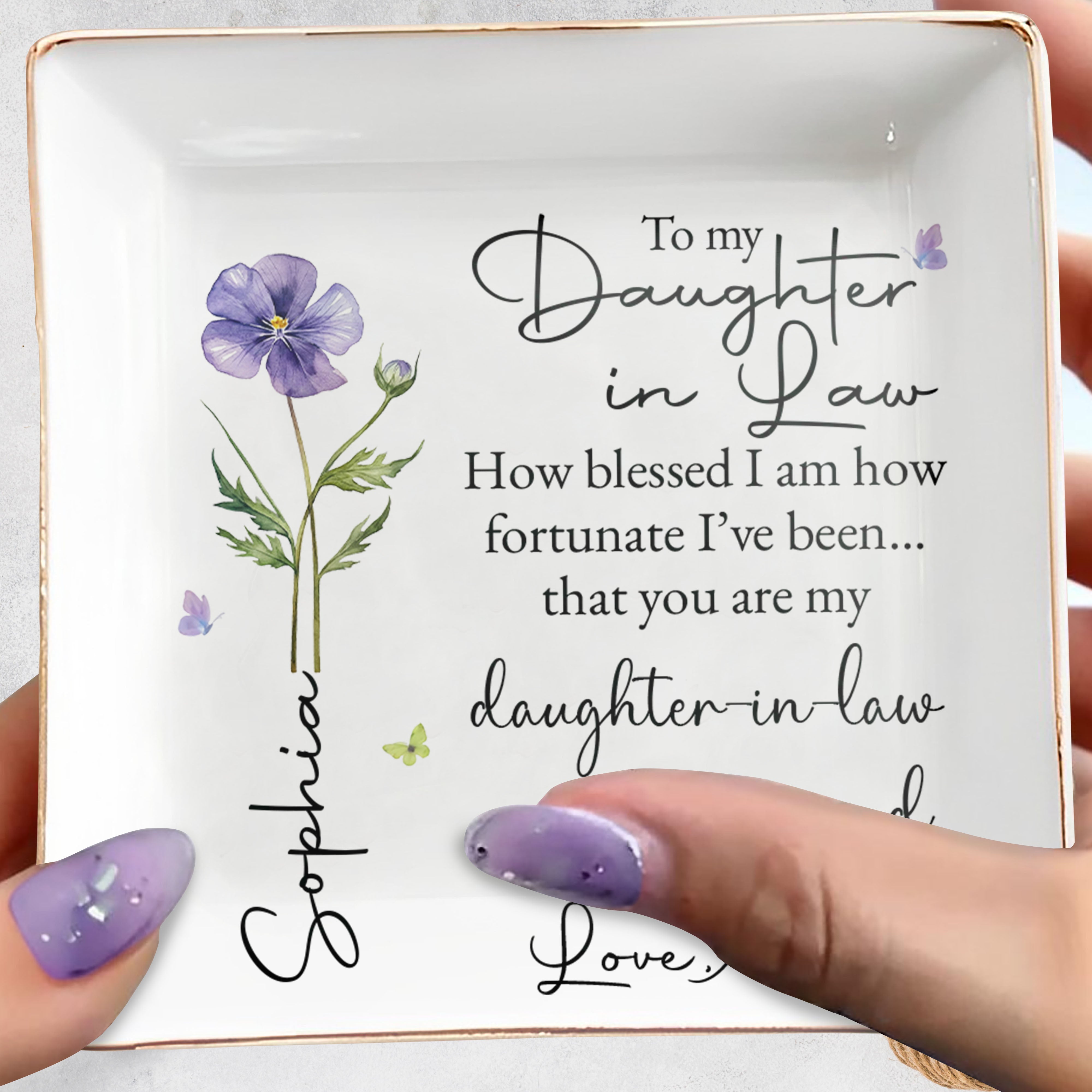 To My Daughter In Law How Blessed I Am Birth Flower - Personalized Custom Jewelry Dish, Square Ceramic Dish - DILA223_SCRD