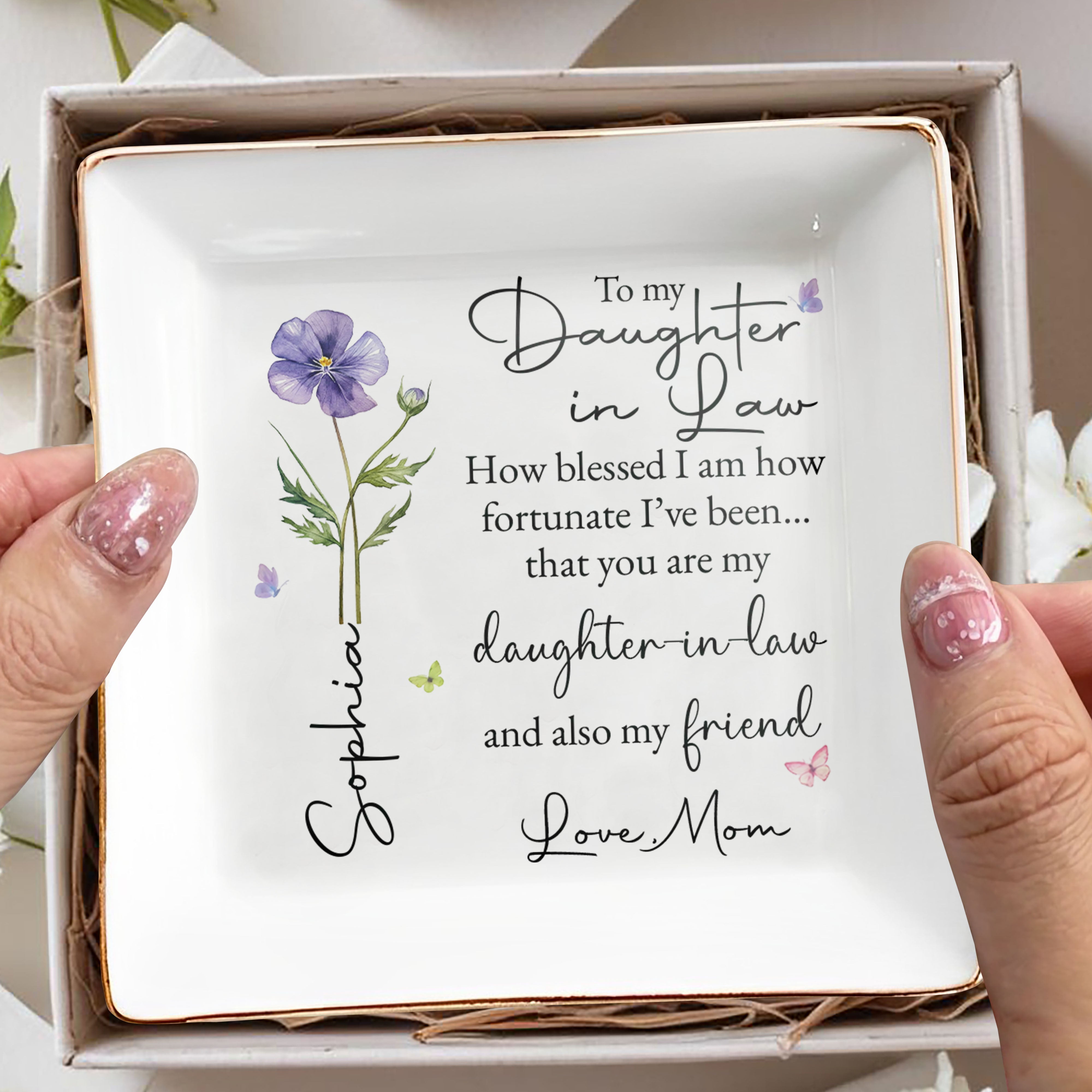 To My Daughter In Law How Blessed I Am Birth Flower - Personalized Custom Jewelry Dish, Square Ceramic Dish - DILA223_SCRD