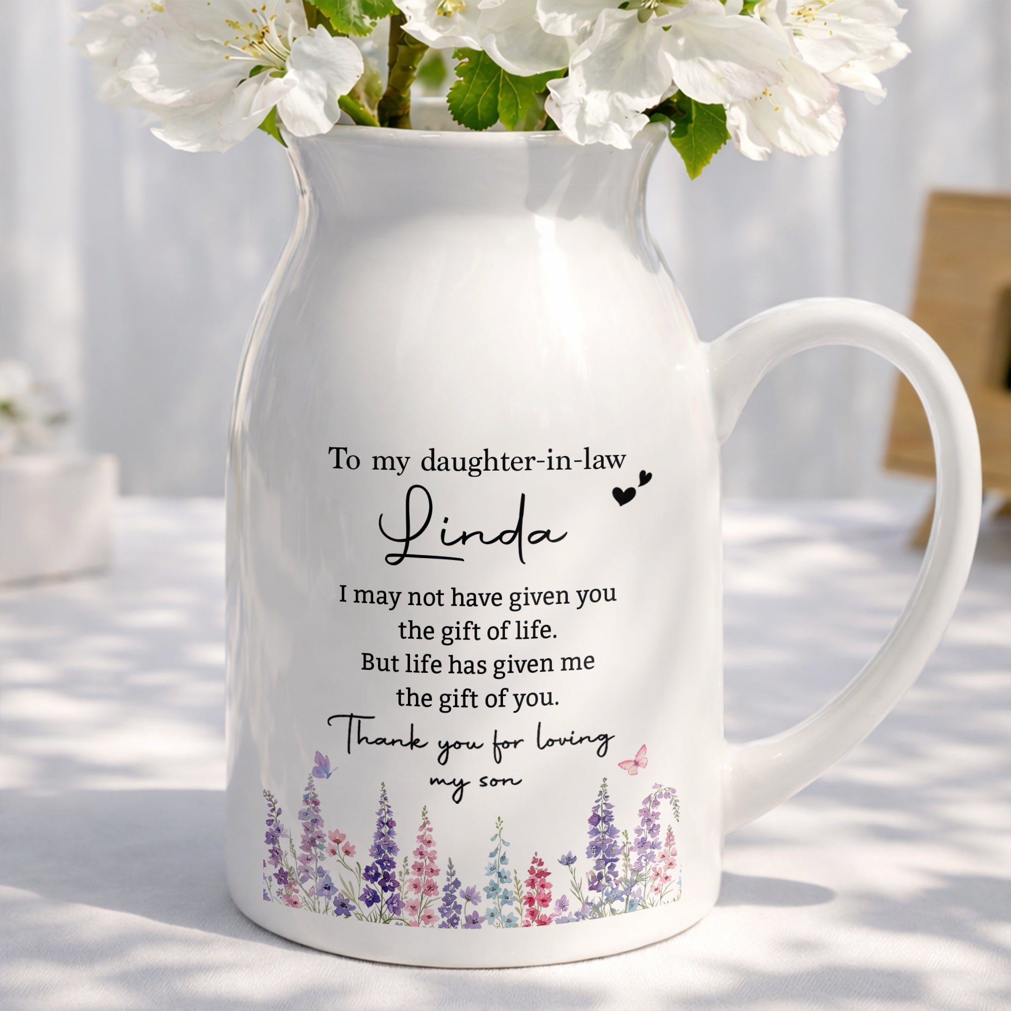 To My Daughter In Law Gift Of You Birth Month Flower - Personalized Ceramic Flower Vase