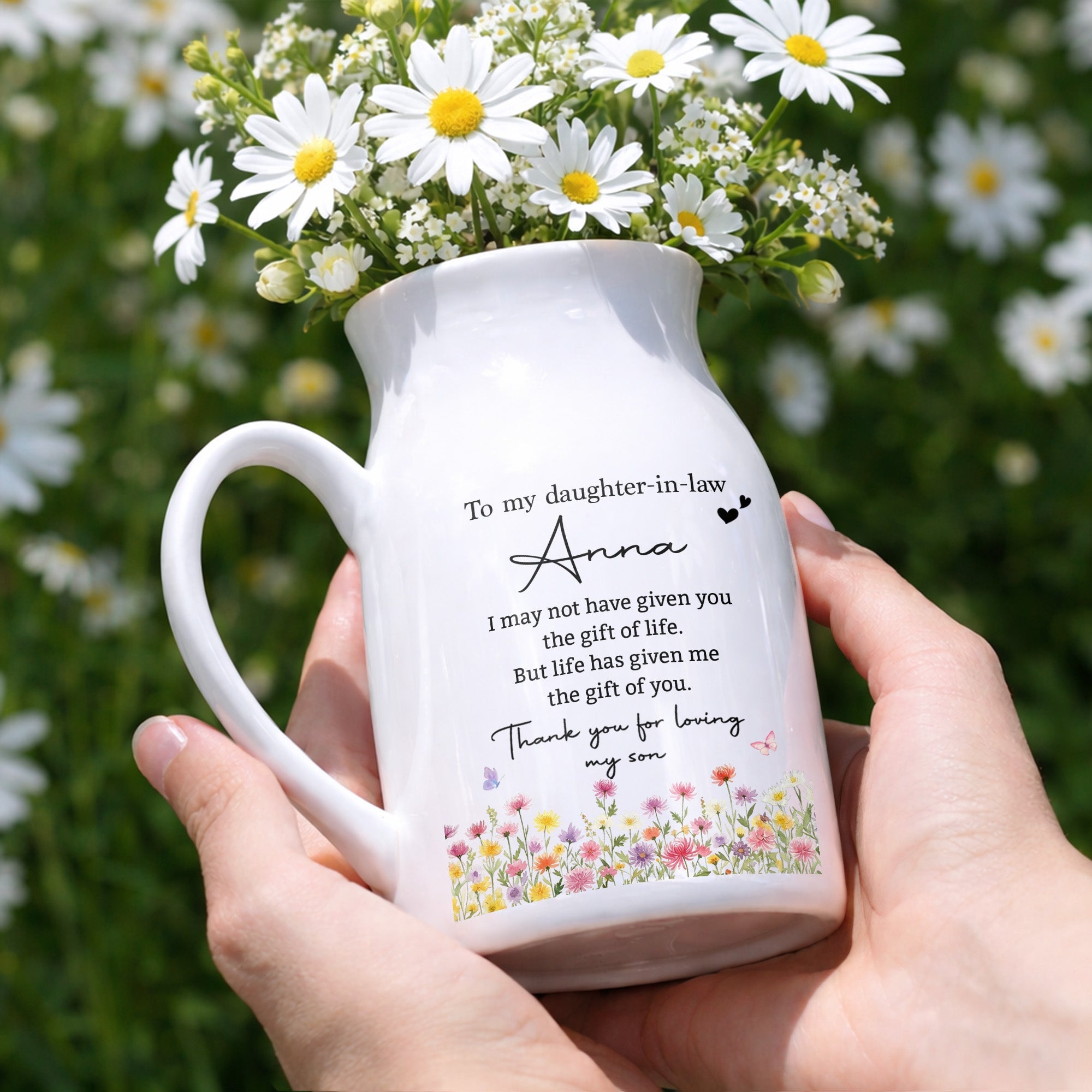 To My Daughter In Law Gift Of You Birth Month Flower - Personalized Ceramic Flower Vase