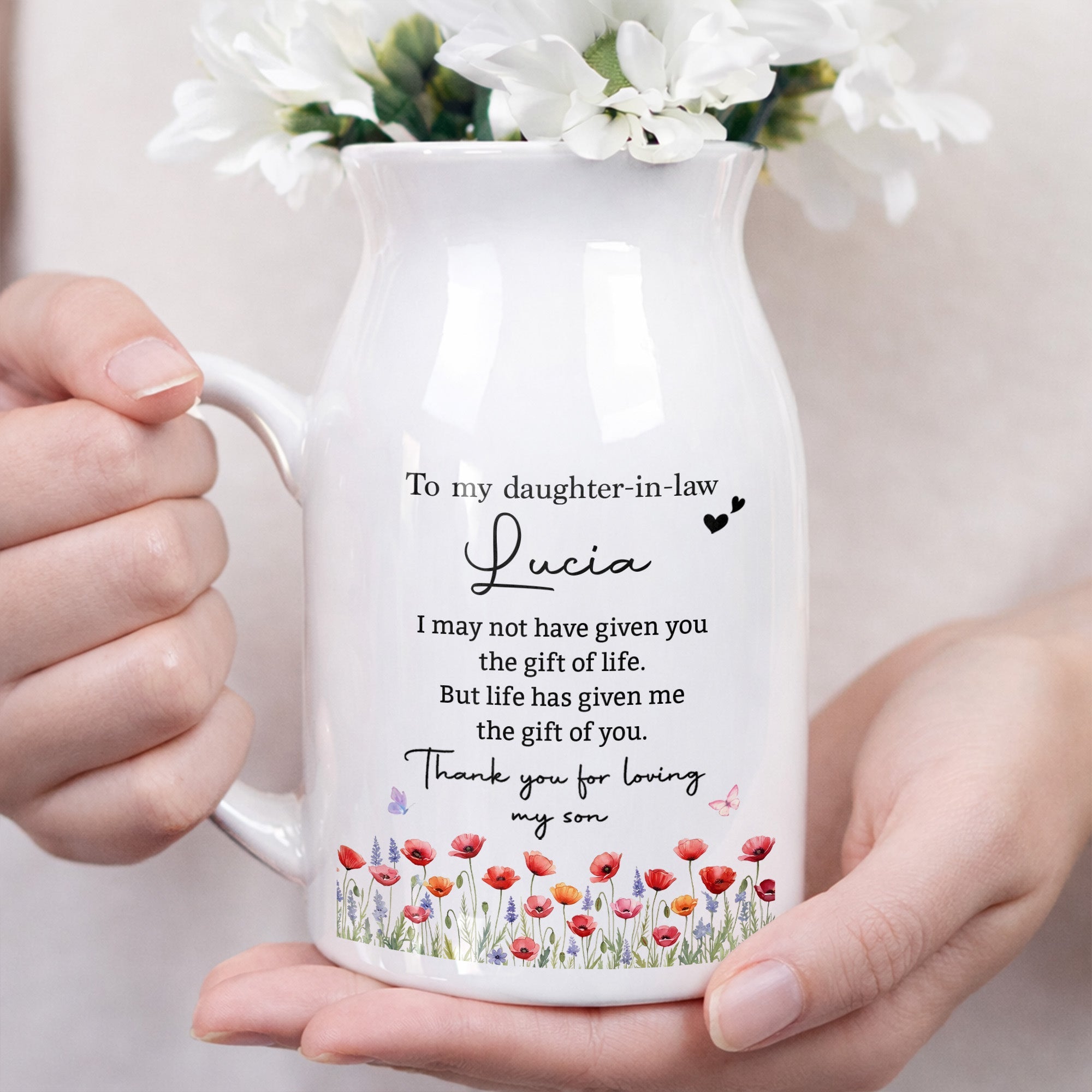 To My Daughter In Law Gift Of You Birth Month Flower - Personalized Ceramic Flower Vase