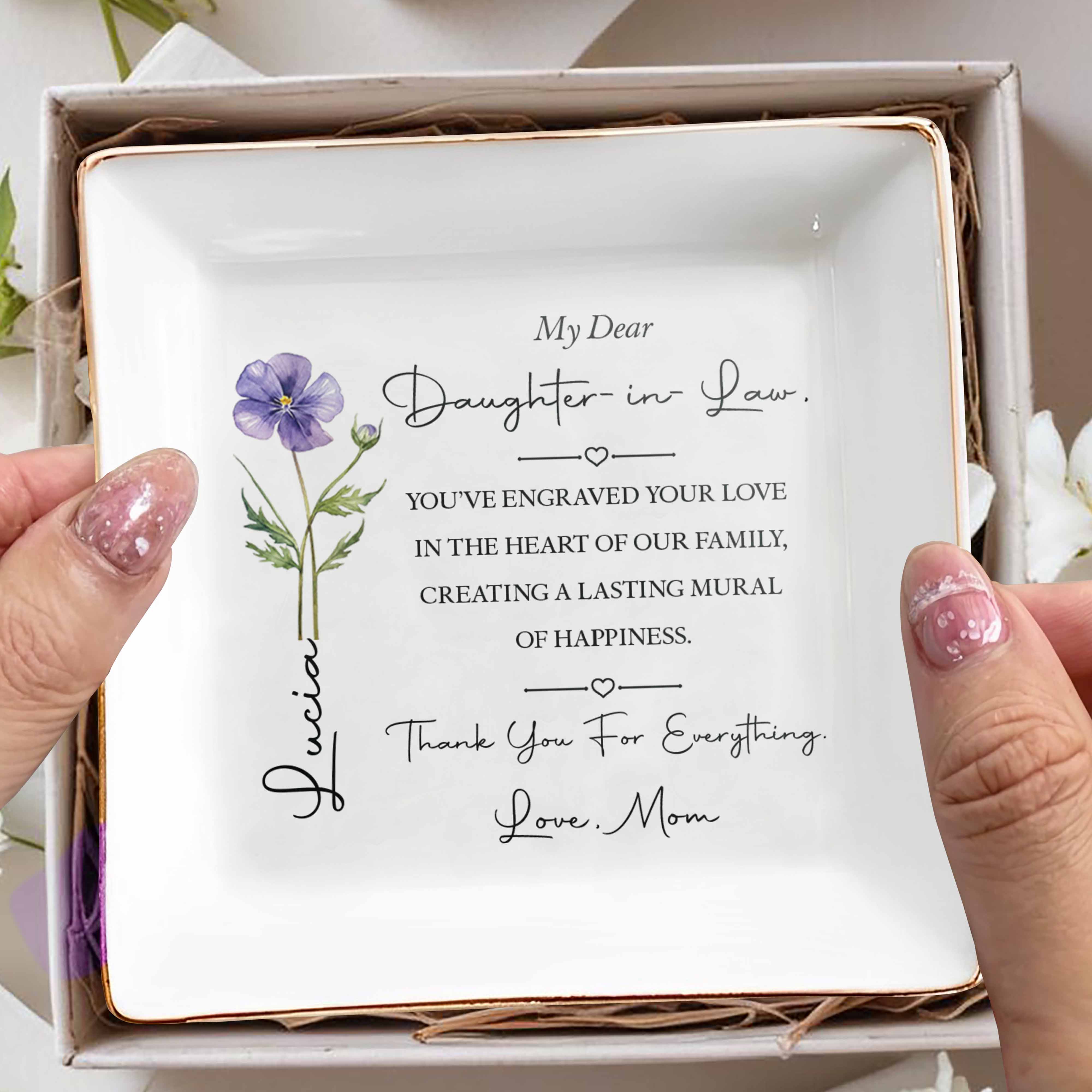 My Dear Daughter In Law Flower Mural Of Happiness Ceramic Dish - Personalized Custom Jewelry Dish, Square Ceramic Dish - DILA228_SCRD
