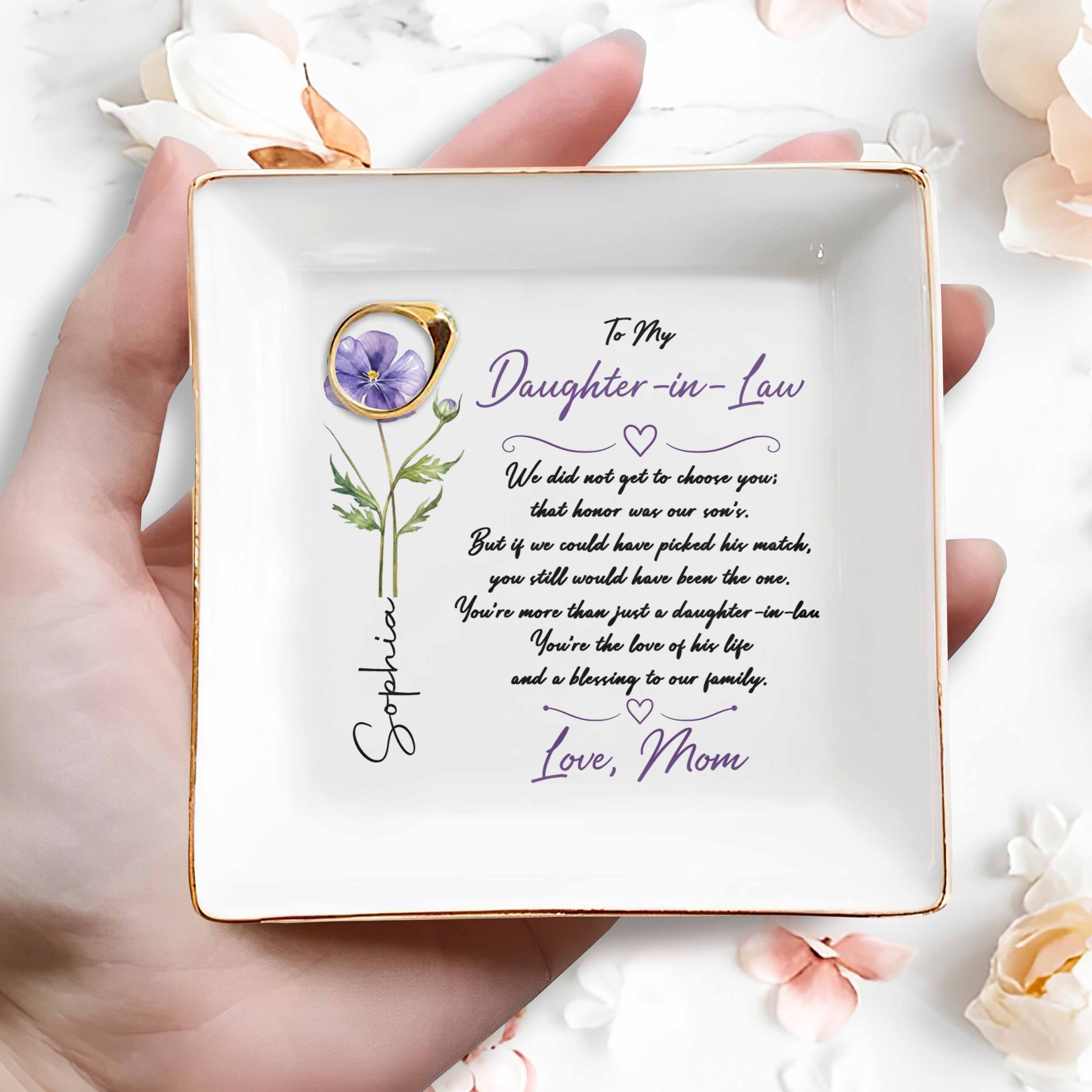 To My Daughter In Law Blessing To Our Family Birth Month Flower - Personalized Custom Jewelry Dish, Square Ceramic Dish - DILA233_SCRD