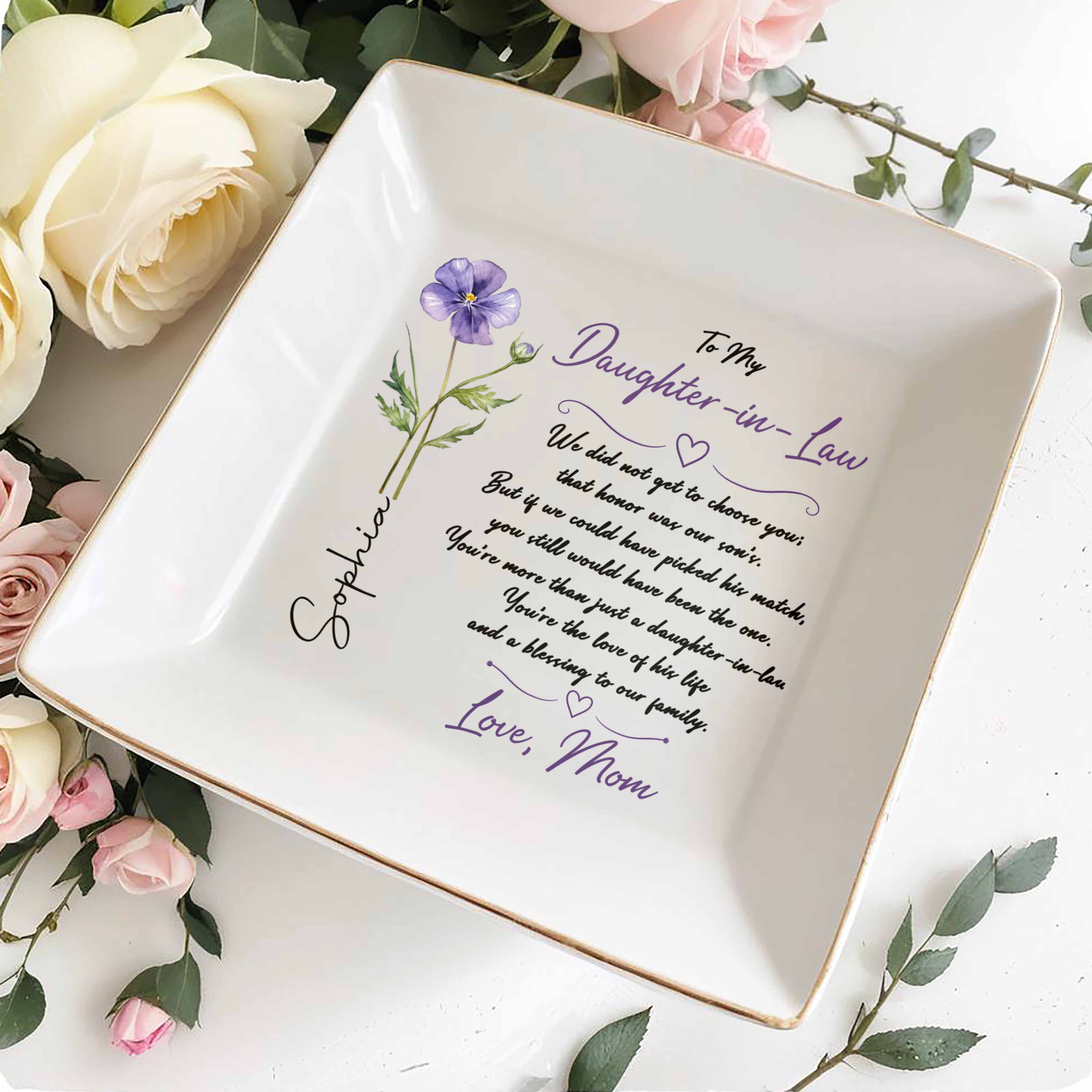 To My Daughter In Law Blessing To Our Family Birth Month Flower - Personalized Custom Jewelry Dish, Square Ceramic Dish - DILA233_SCRD