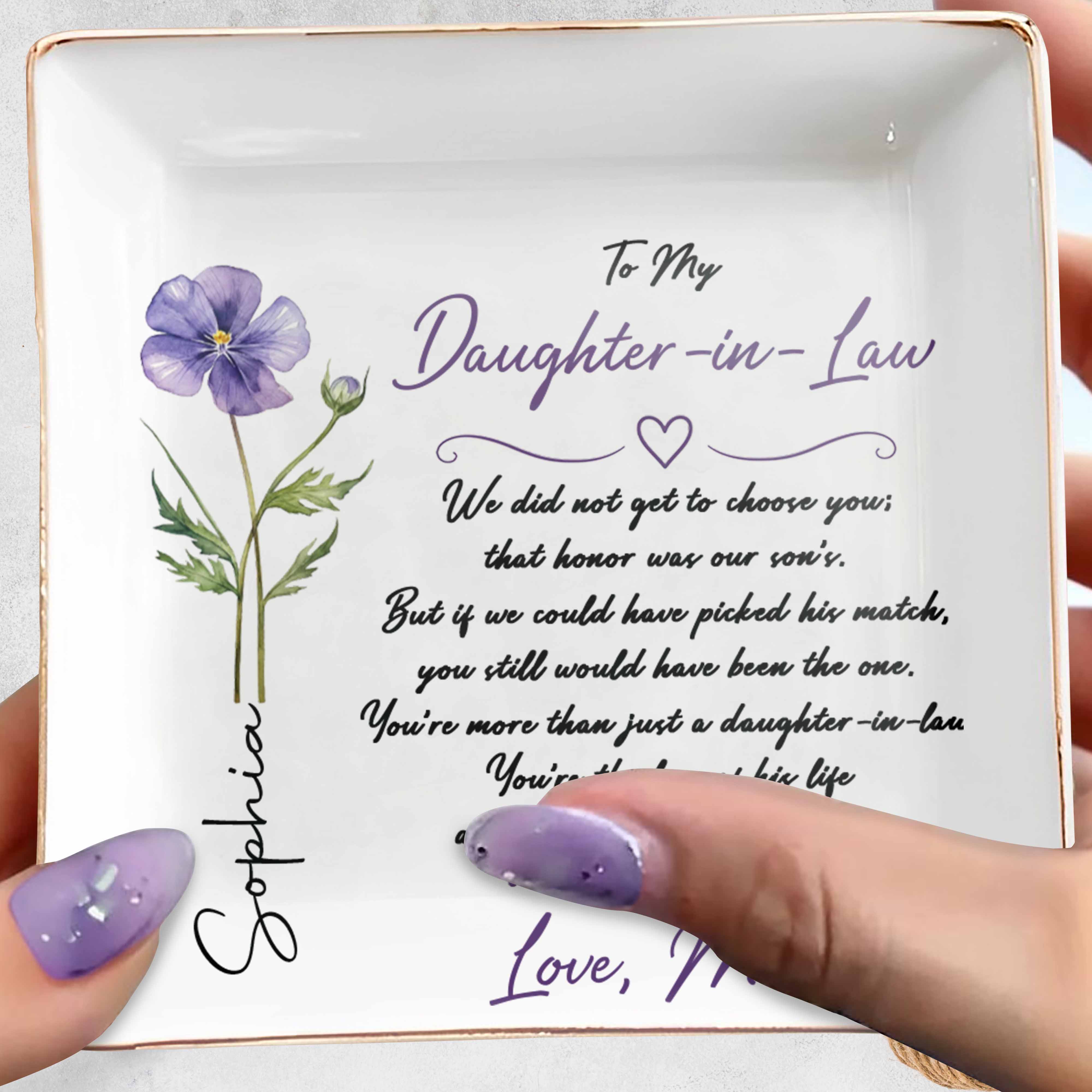 To My Daughter In Law Blessing To Our Family Birth Month Flower - Personalized Custom Jewelry Dish, Square Ceramic Dish - DILA233_SCRD
