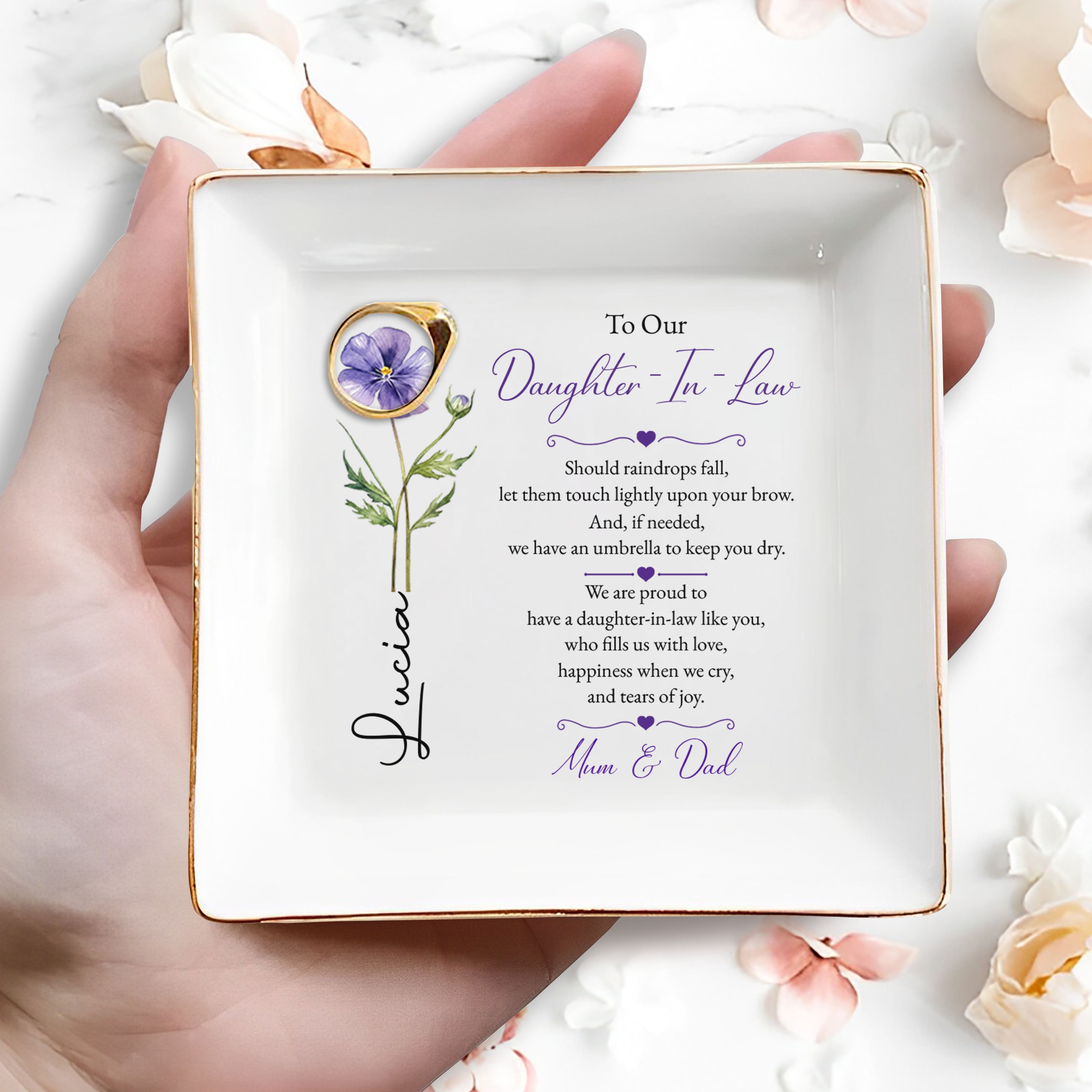 To Our Daughter In Law Should Raindrops Fall Birth Month Flower - Personalized Custom Jewelry Dish, Square Ceramic Dish - DILA234_SCRD