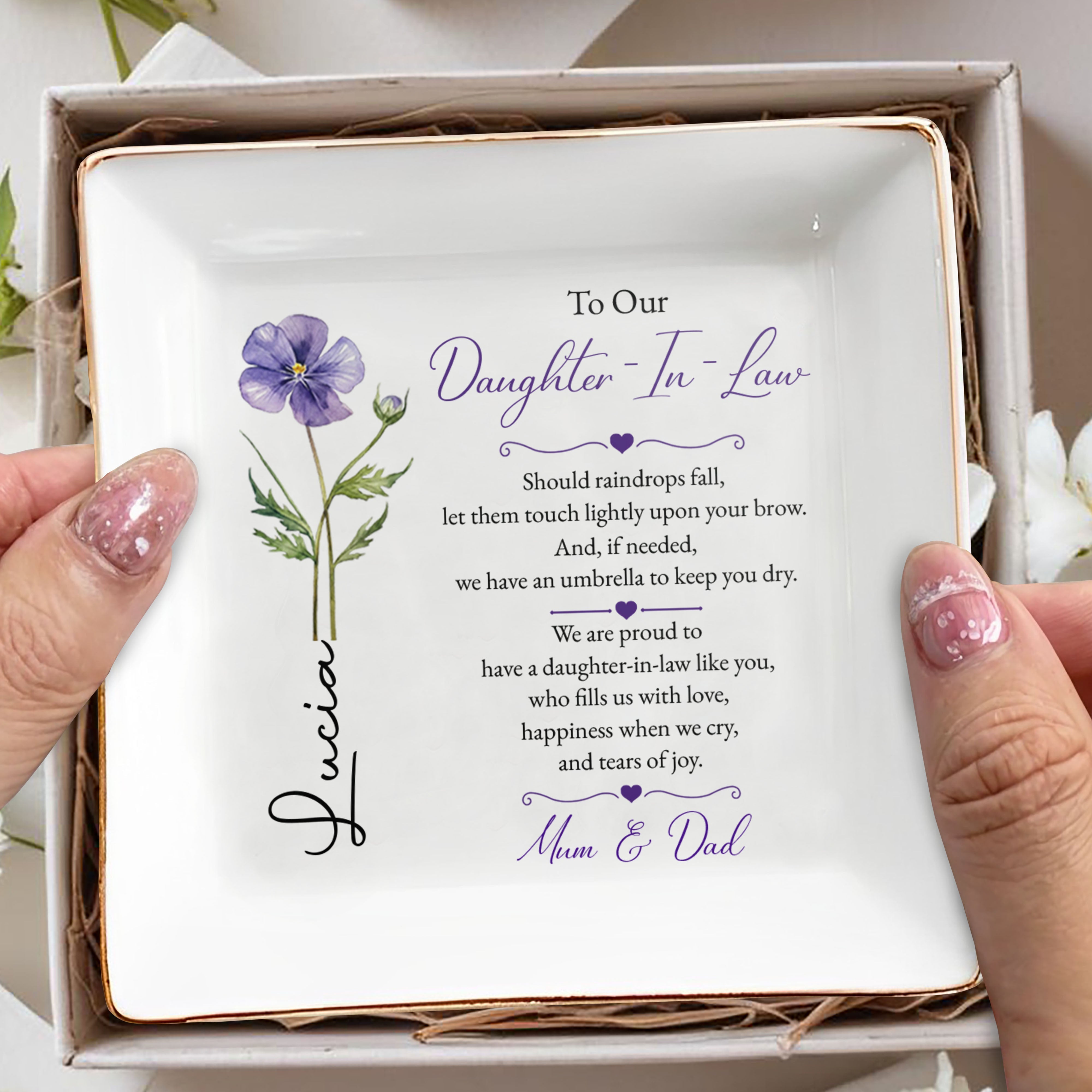 To Our Daughter In Law Should Raindrops Fall Birth Month Flower - Personalized Custom Jewelry Dish, Square Ceramic Dish - DILA234_SCRD