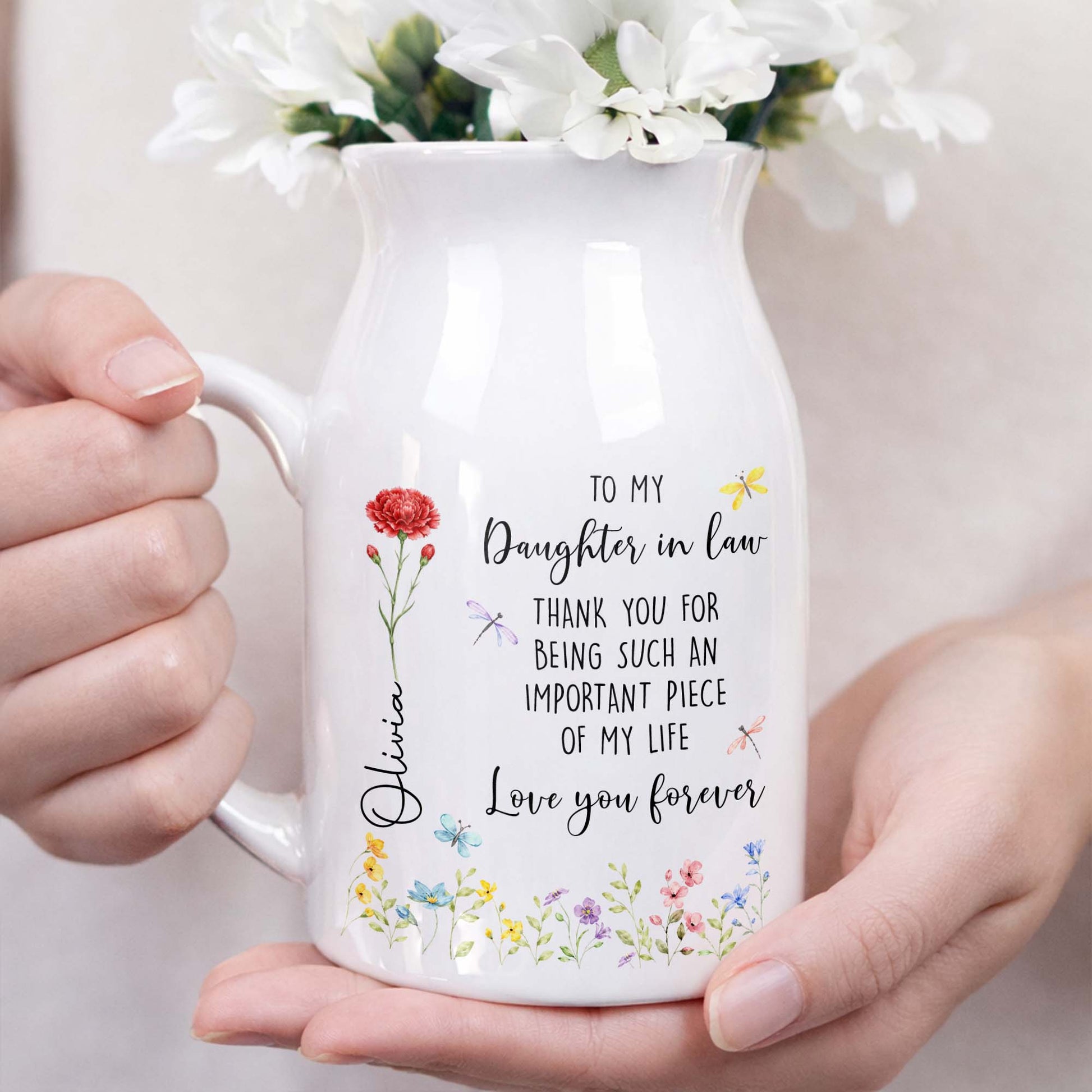 To My Daughter In Law Thank You Birth Month Flower Garden - Personalized Ceramic Flower Vase