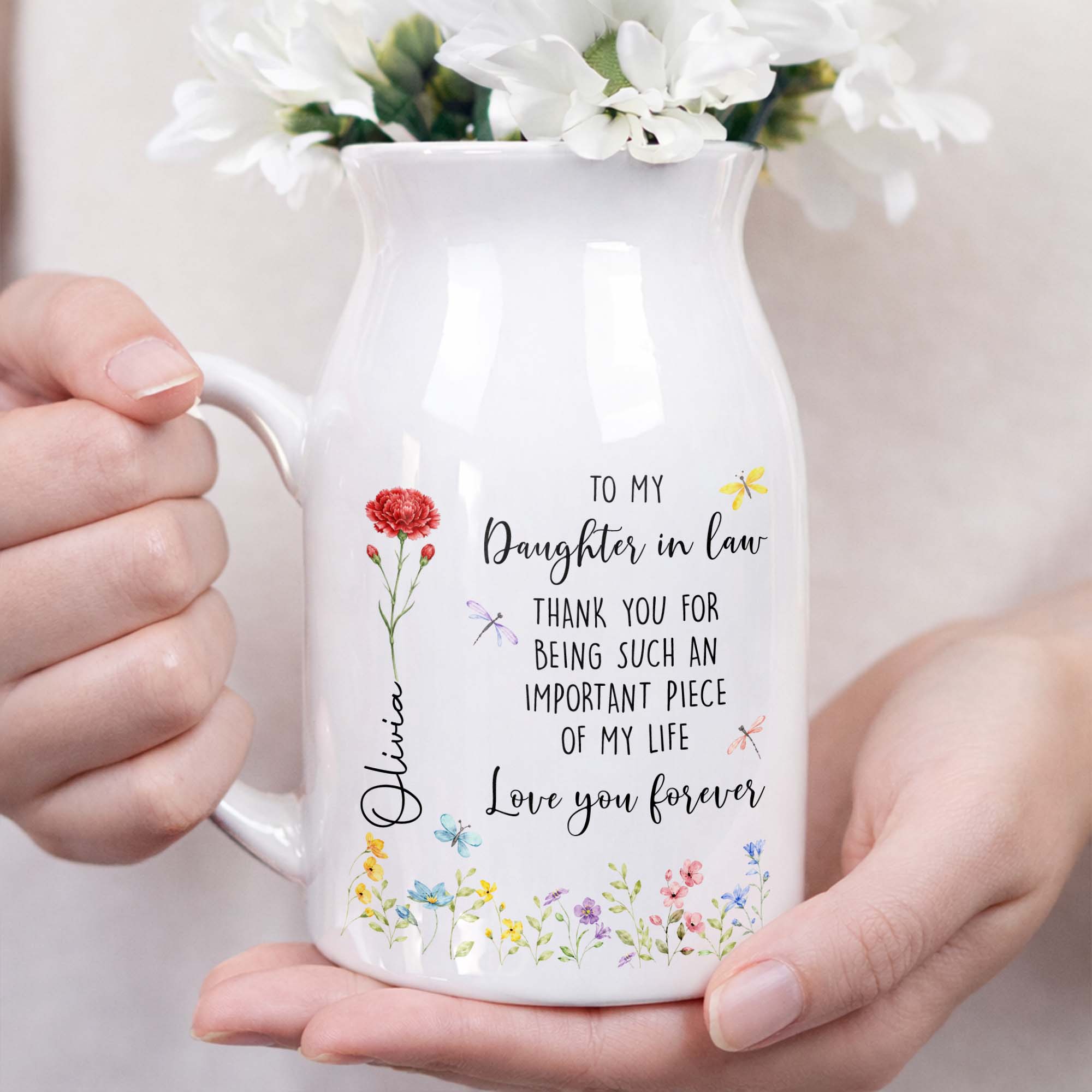 To My Daughter In Law Thank You Birth Month Flower Garden - Personalized Ceramic Flower Vase