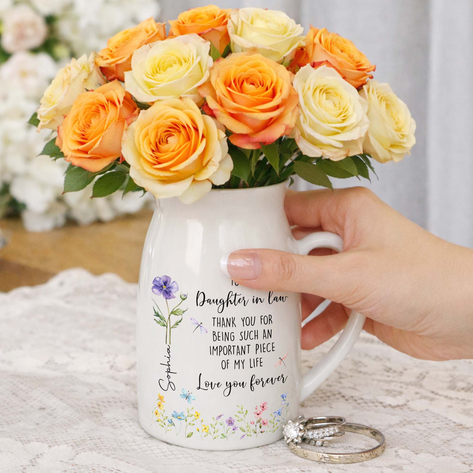 To My Daughter In Law Thank You Birth Month Flower Garden - Personalized Ceramic Flower Vase