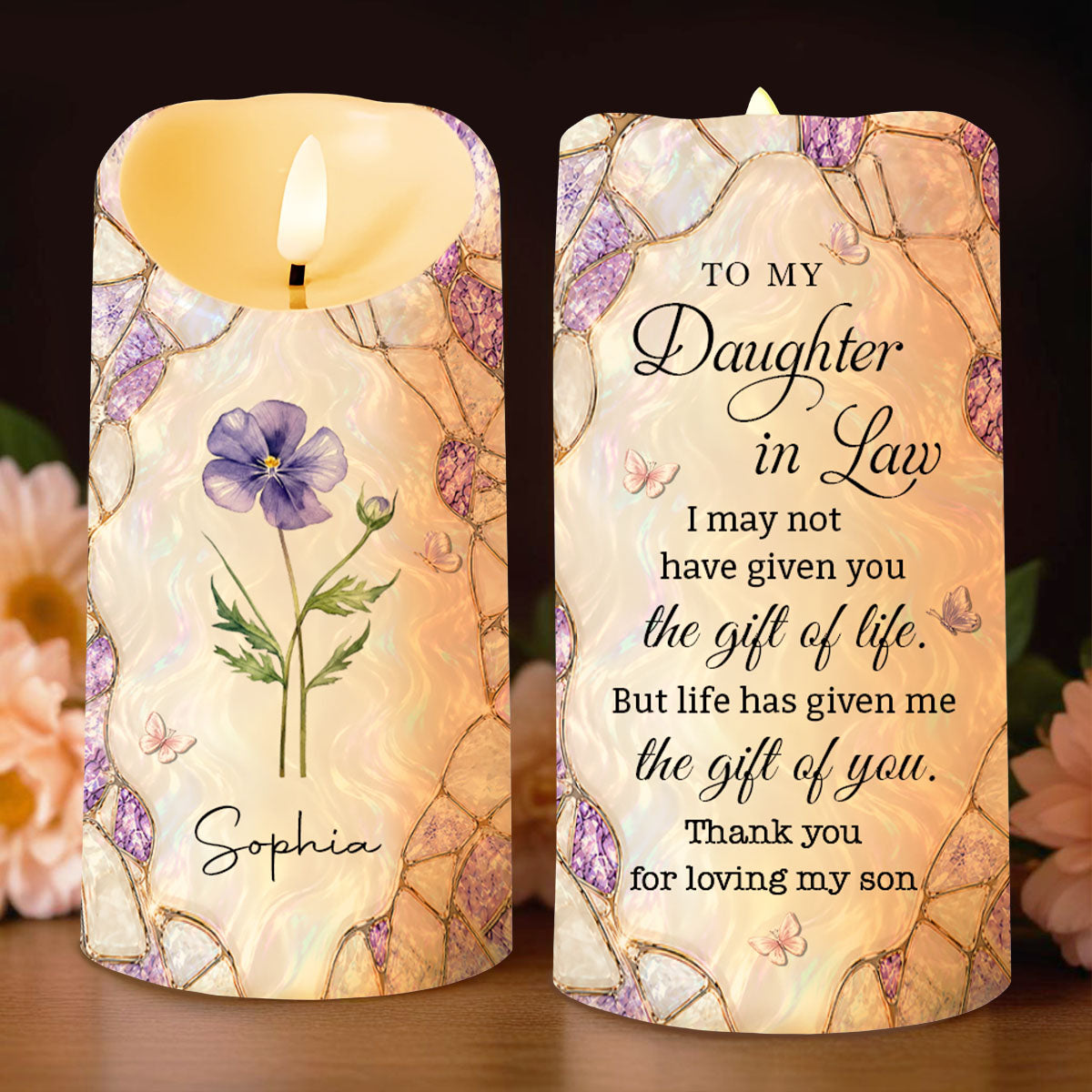 To My Daughter In Law Gift Of You Birth Month Flower - Personalized Custom LED Candle - DILA256_LECA