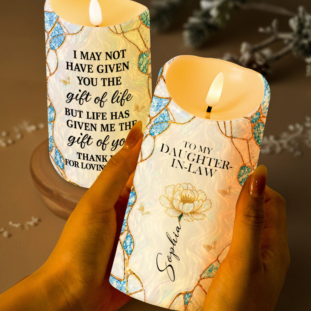 To My Daughter In Law Gift Of Life Flower And Butterflies - Personalized Custom LED Candle - DILA259_LECA