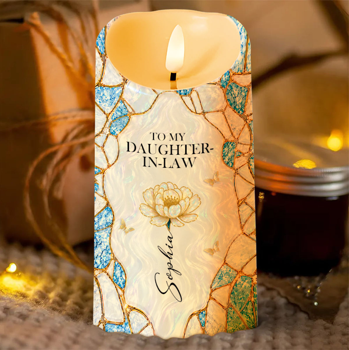 To My Daughter In Law Gift Of Life Flower And Butterflies - Personalized Custom LED Candle - DILA259_LECA