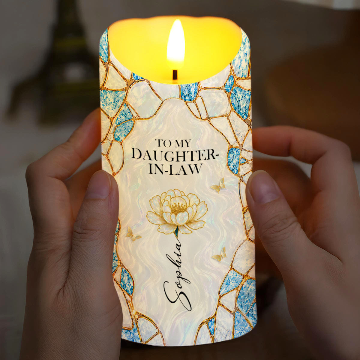 To My Daughter In Law Gift Of Life Flower And Butterflies - Personalized Custom LED Candle - DILA259_LECA