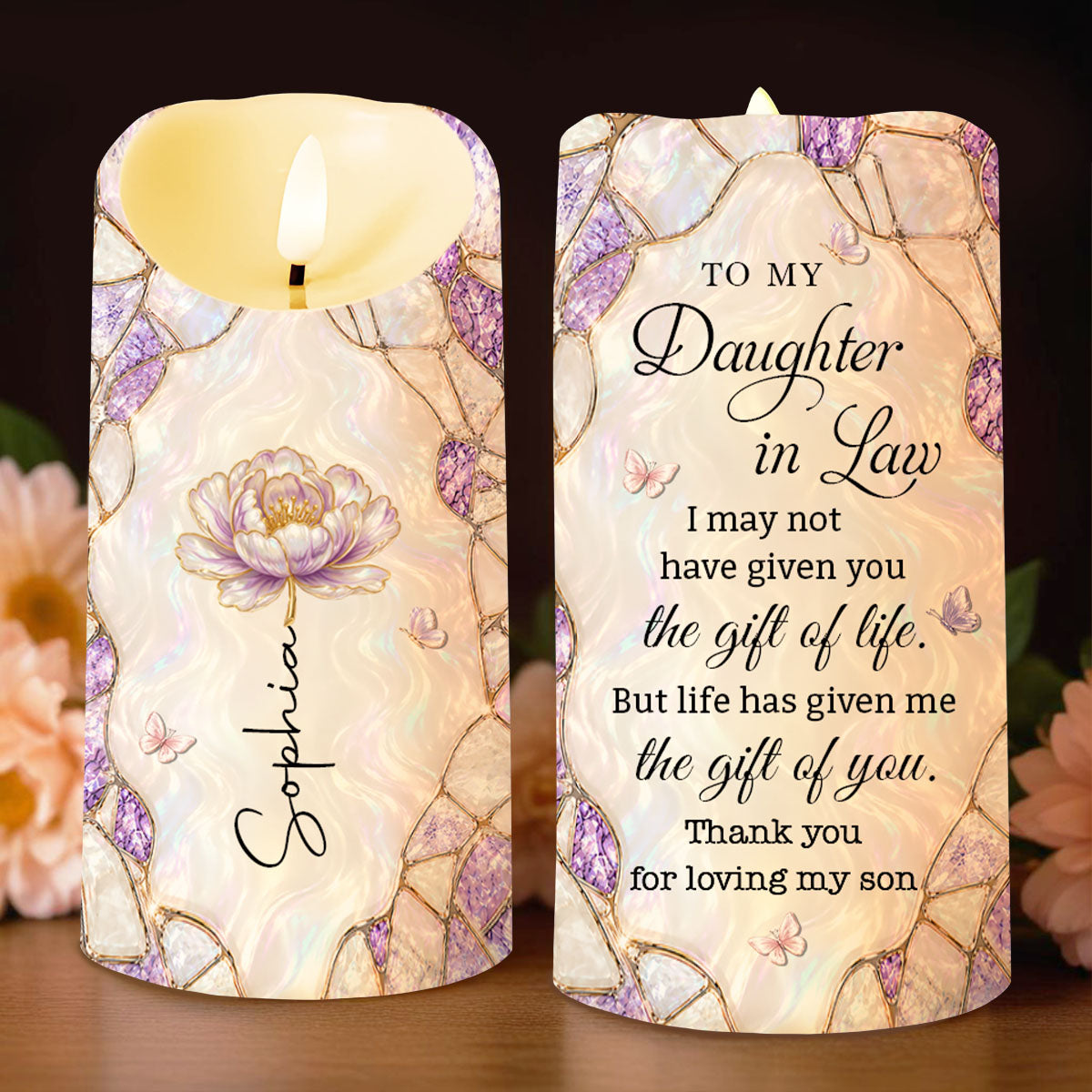 To My Daughter In Law, The Gift Of You Purple Flower Butterflies - Personalized Custom LED Candle - DILA269_LECA