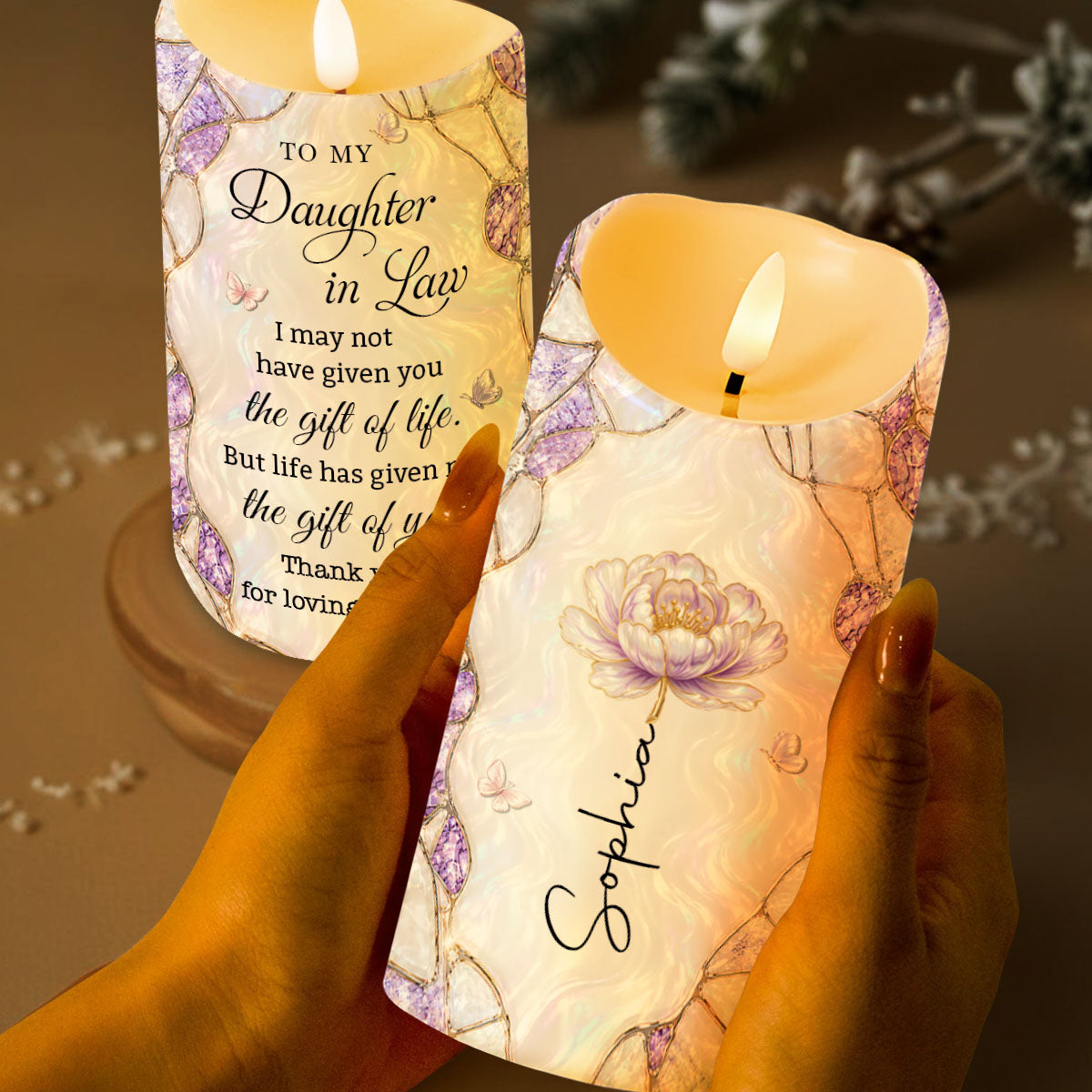 To My Daughter In Law, The Gift Of You Purple Flower Butterflies - Personalized Custom LED Candle - DILA269_LECA