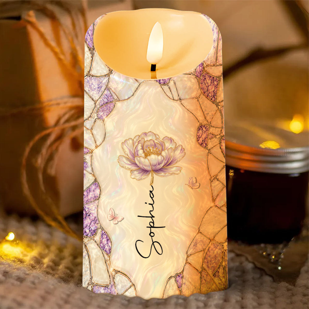 To My Daughter In Law, The Gift Of You Purple Flower Butterflies - Personalized Custom LED Candle - DILA269_LECA