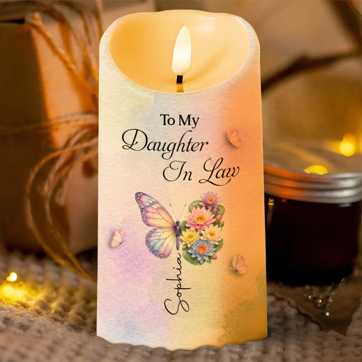 To My Daughter In Law Life Has Given Me The Gift Of You Flowers Butterflies - Personalized Custom LED Candle - DILA284_LECA
