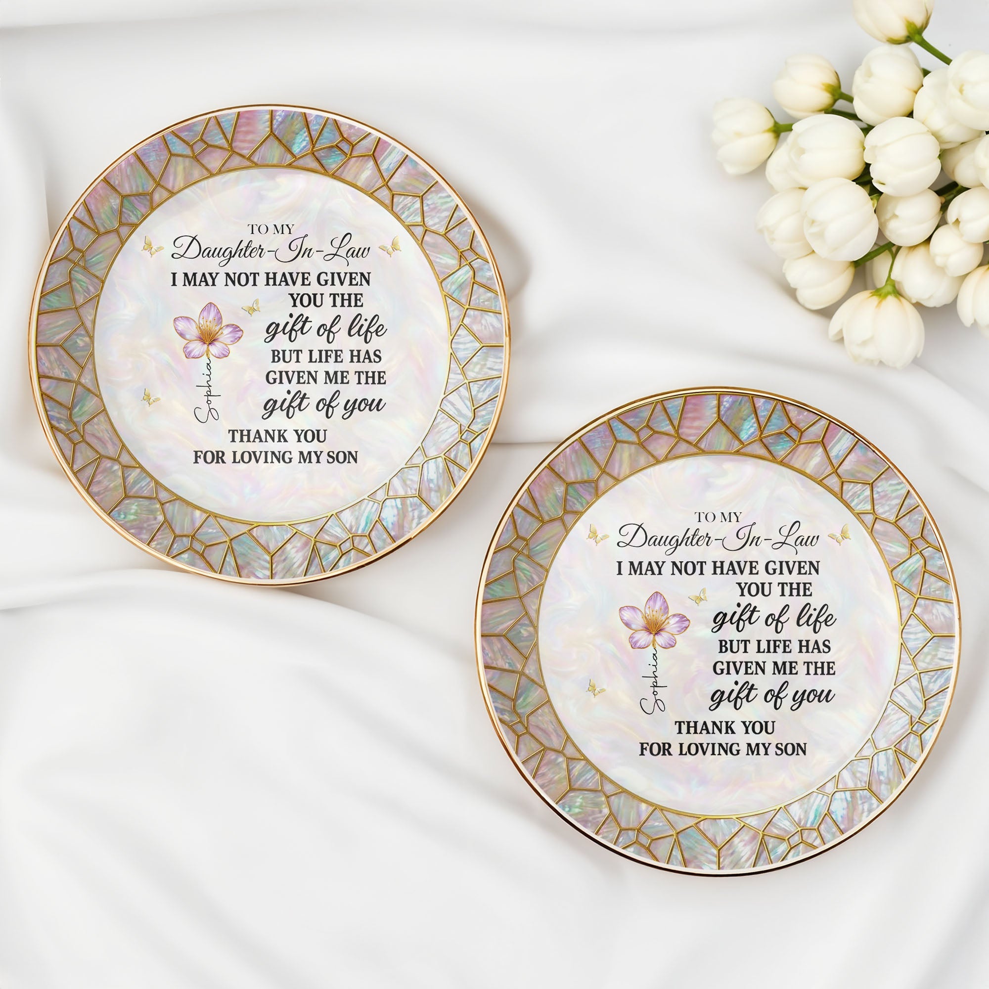 To My Daughter In Law Life Has Given Me The Gift Of You Flower - Personalized Custom Jewelry Dish, Ceramic Dish, Round Shape - DILA285_RCRF