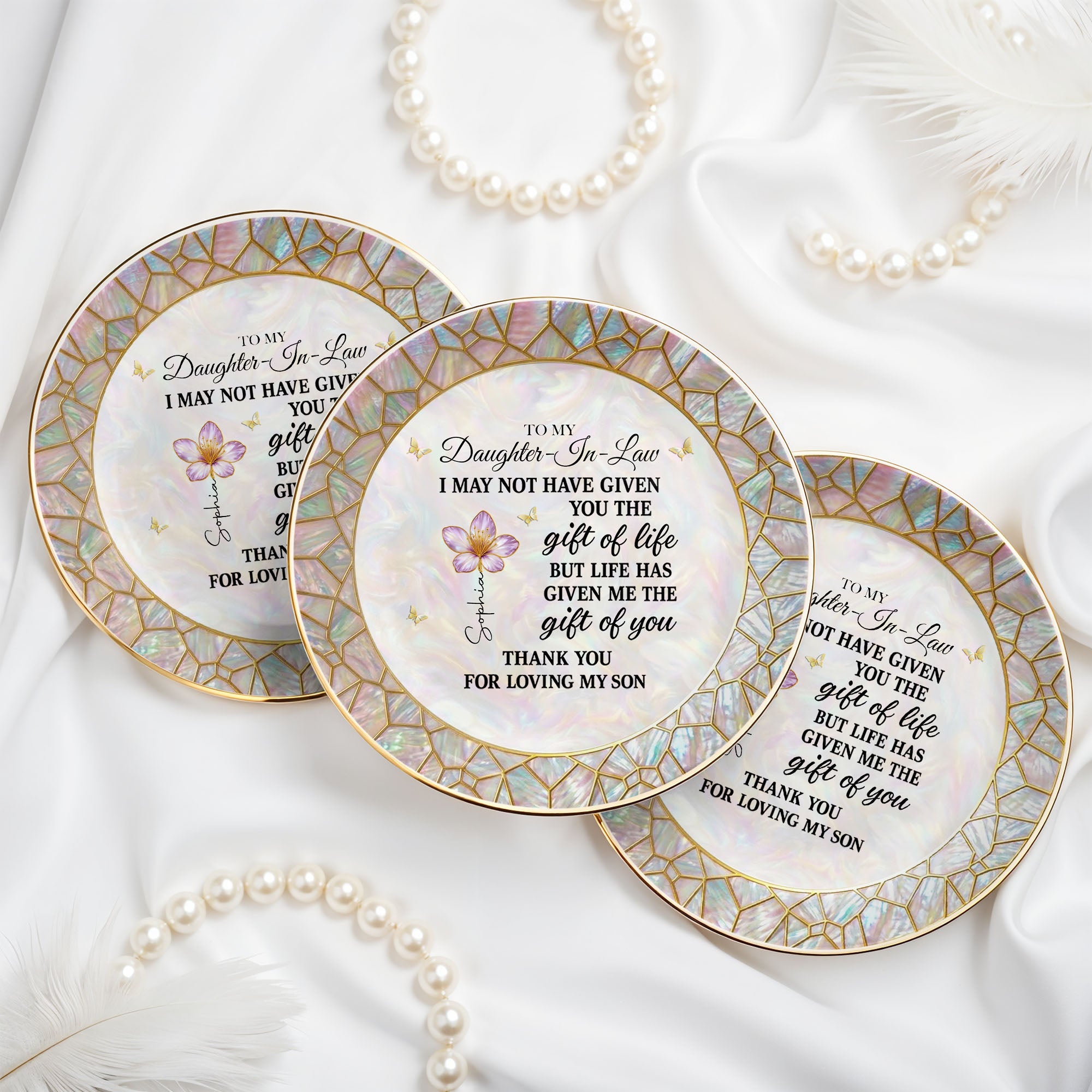 To My Daughter In Law Life Has Given Me The Gift Of You Flower - Personalized Custom Jewelry Dish, Ceramic Dish, Round Shape - DILA285_RCRF