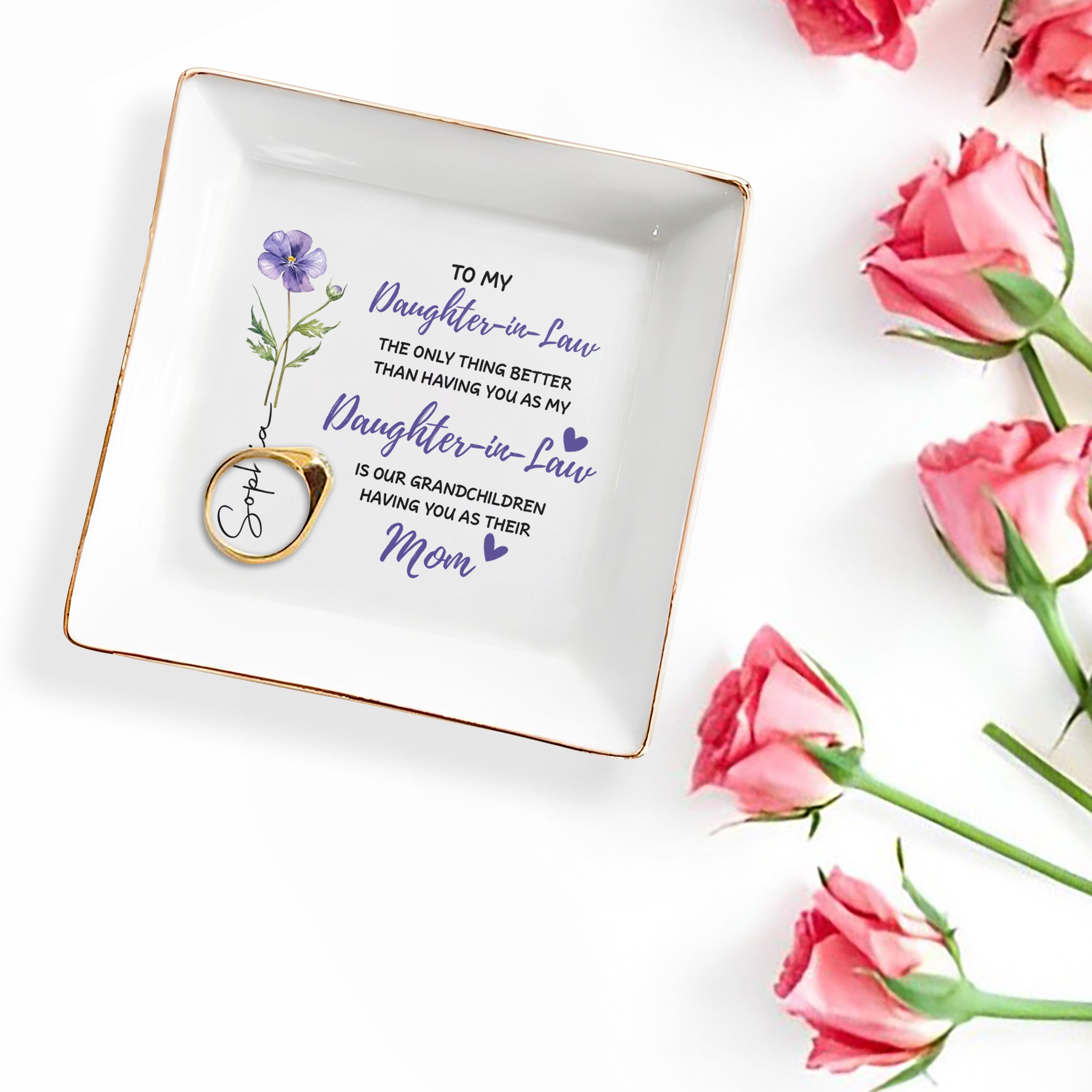 To My Daughter In Law Only Thing Better Birth Month Flower Hearts - Personalized Custom Jewelry Dish, Square Ceramic Dish - DILA306_SCRD
