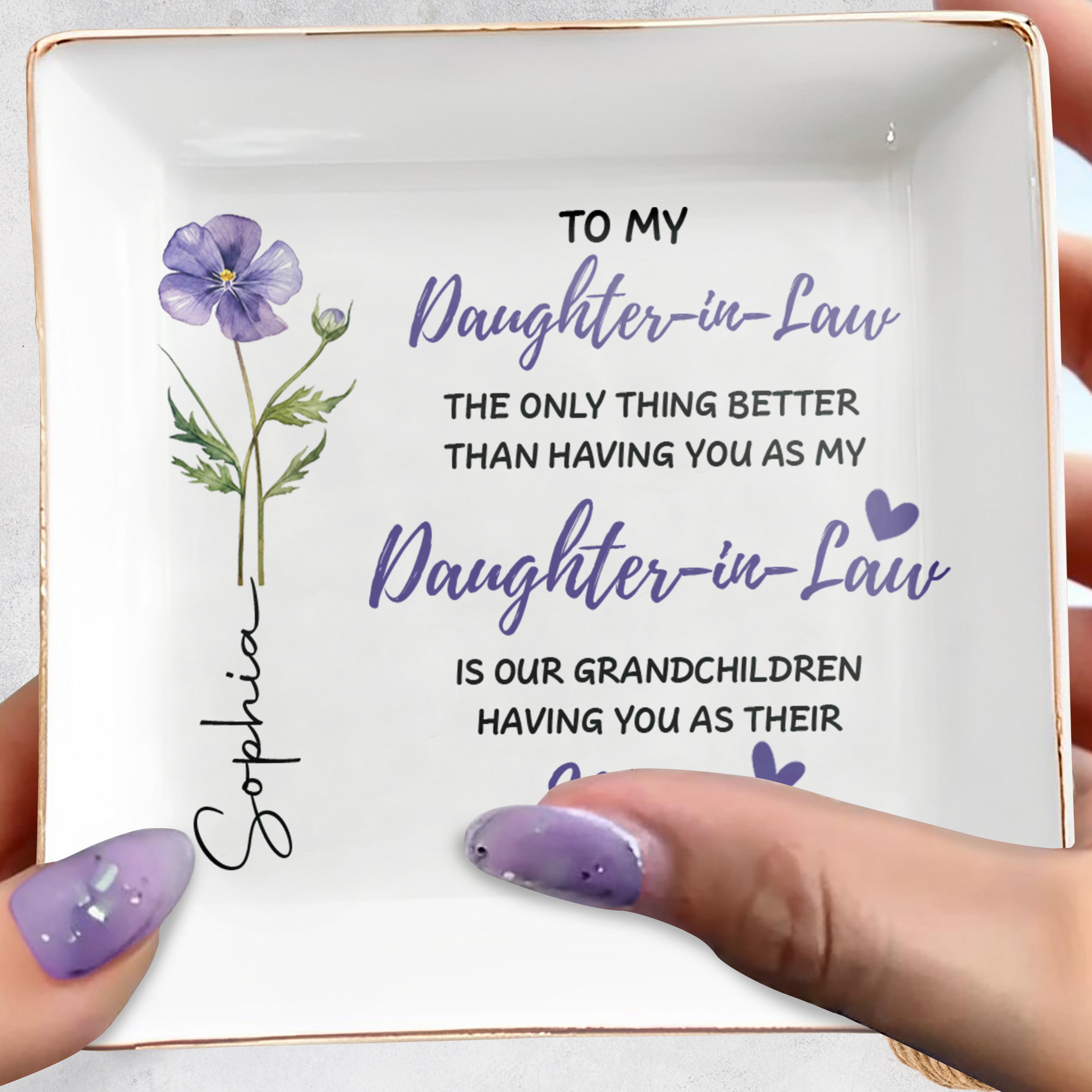 To My Daughter In Law Only Thing Better Birth Month Flower Hearts - Personalized Custom Jewelry Dish, Square Ceramic Dish - DILA306_SCRD