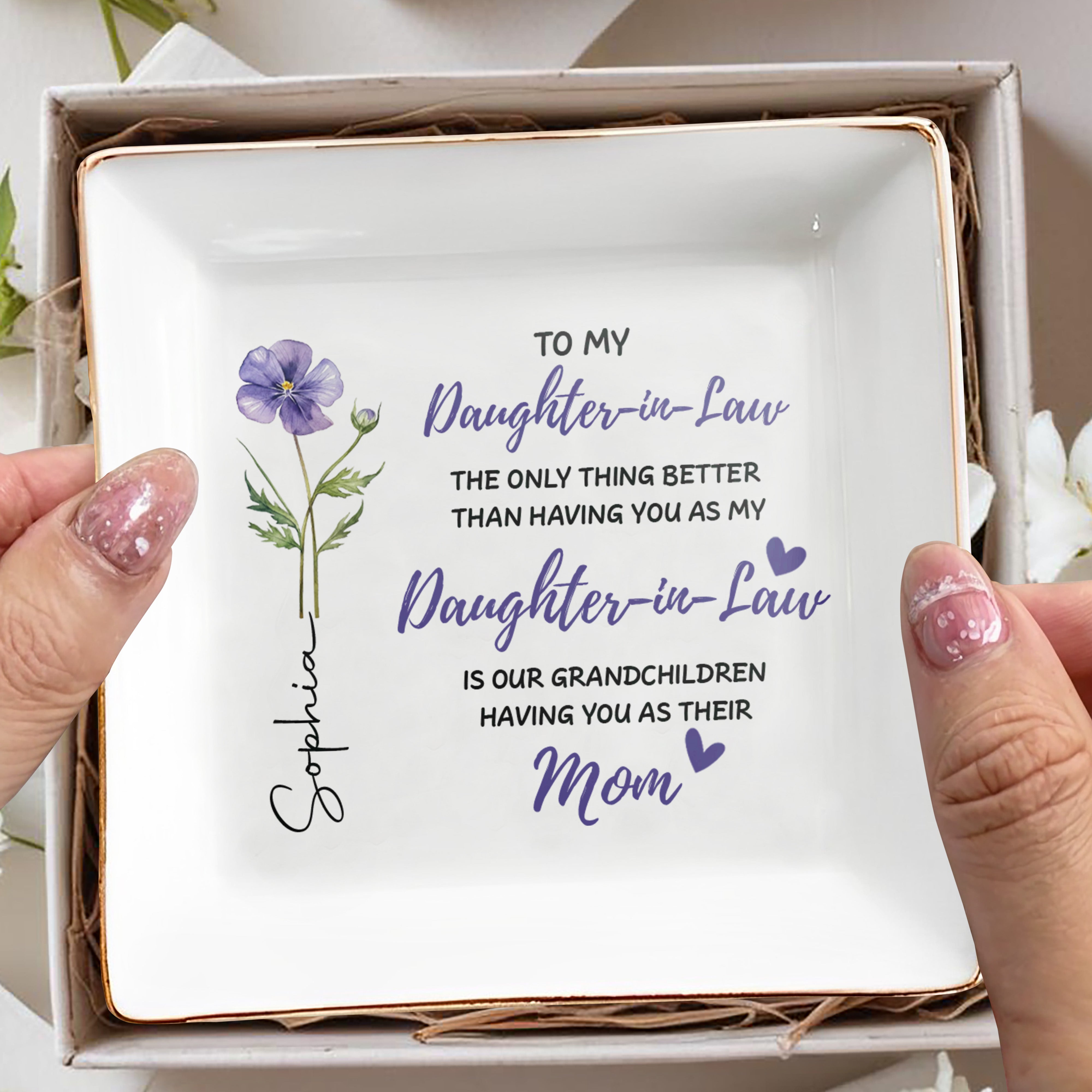 To My Daughter In Law Only Thing Better Birth Month Flower Hearts - Personalized Custom Jewelry Dish, Square Ceramic Dish - DILA306_SCRD