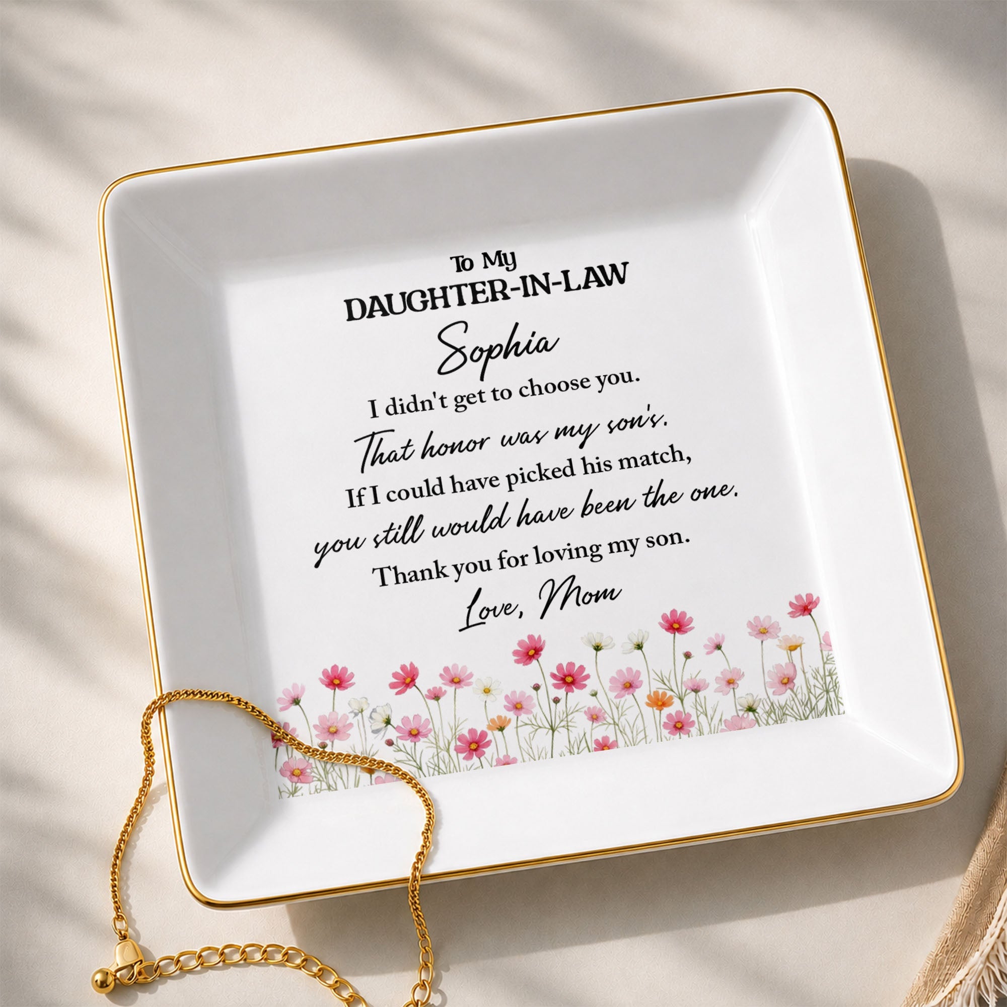 To My Daughter In Law Floral Jewelry Dish With Son's Match Message - Personalized Custom Jewelry Dish, Square Ceramic Dish - DILA316_SCRD