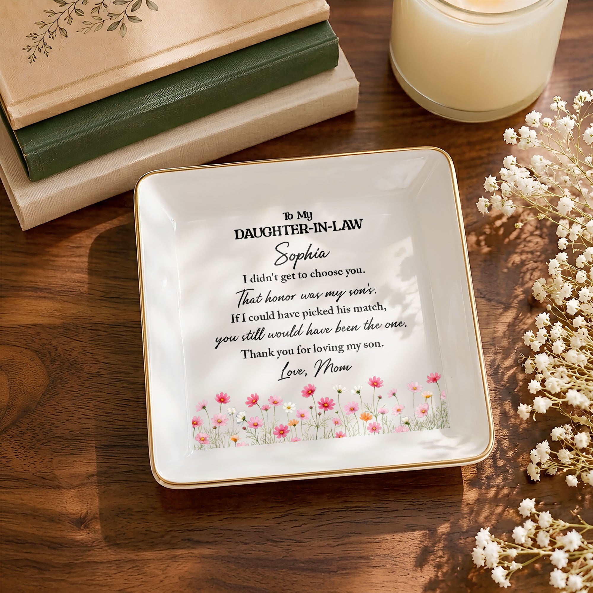 To My Daughter In Law Floral Jewelry Dish With Son's Match Message - Personalized Custom Jewelry Dish, Square Ceramic Dish - DILA316_SCRD