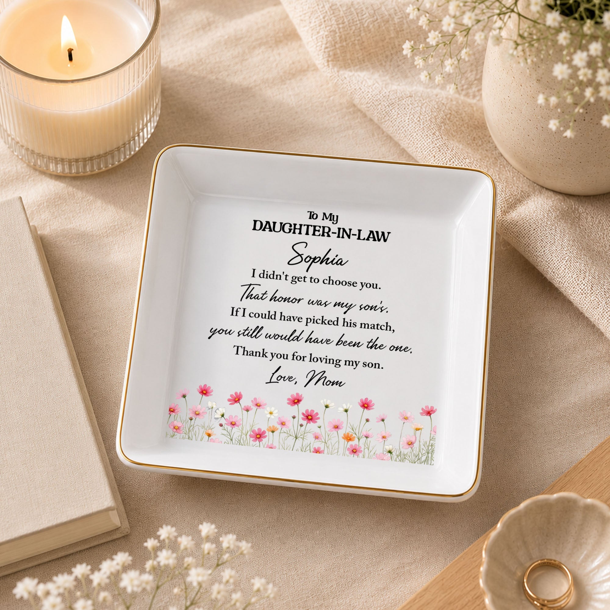 To My Daughter In Law Floral Jewelry Dish With Son's Match Message - Personalized Custom Jewelry Dish, Square Ceramic Dish - DILA316_SCRD