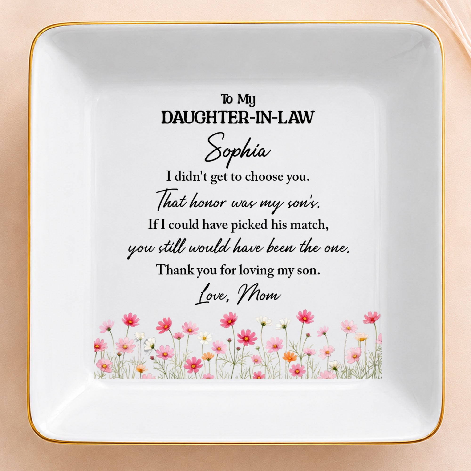 To My Daughter In Law Floral Jewelry Dish With Son's Match Message - Personalized Custom Jewelry Dish, Square Ceramic Dish - DILA316_SCRD
