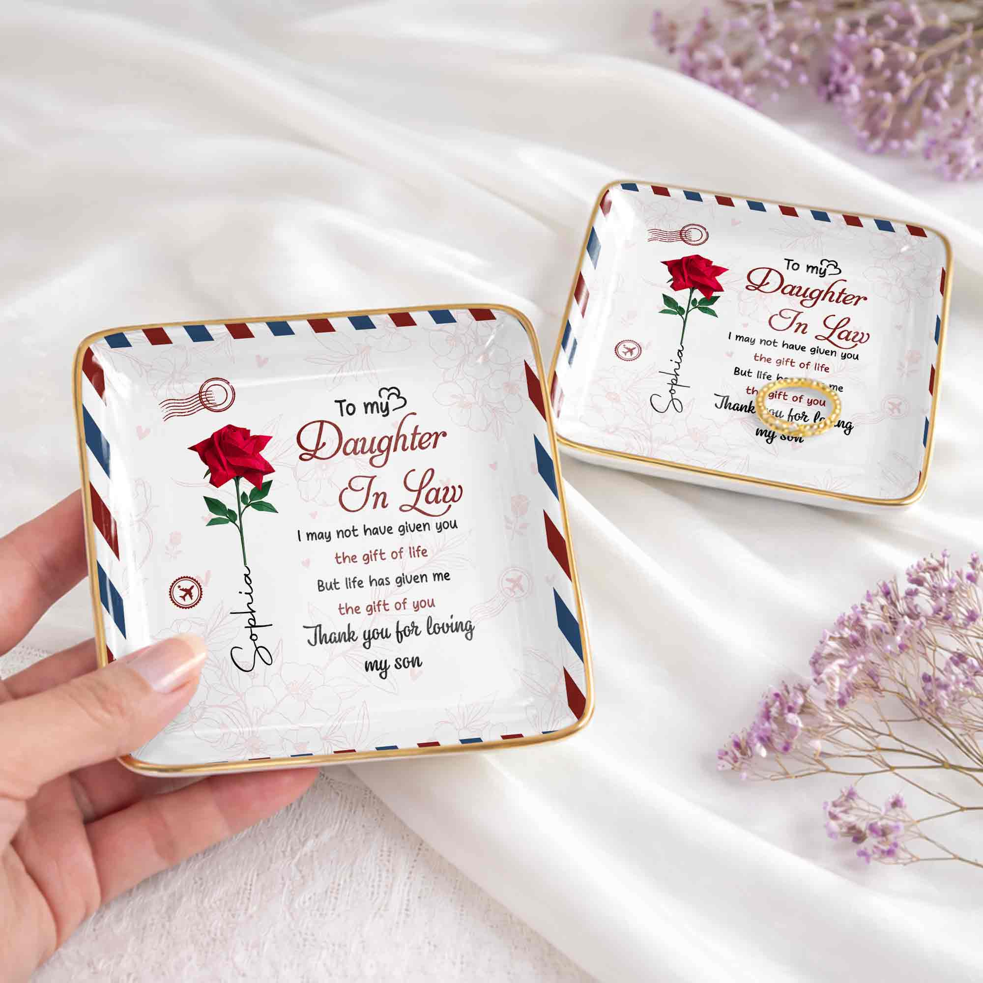 To My Daughter In Law Life Has Given Me The Gift Of You Rose - Personalized Custom Jewelry Dish, Ceramic Dish, Square Shape - DILA332_SCRF