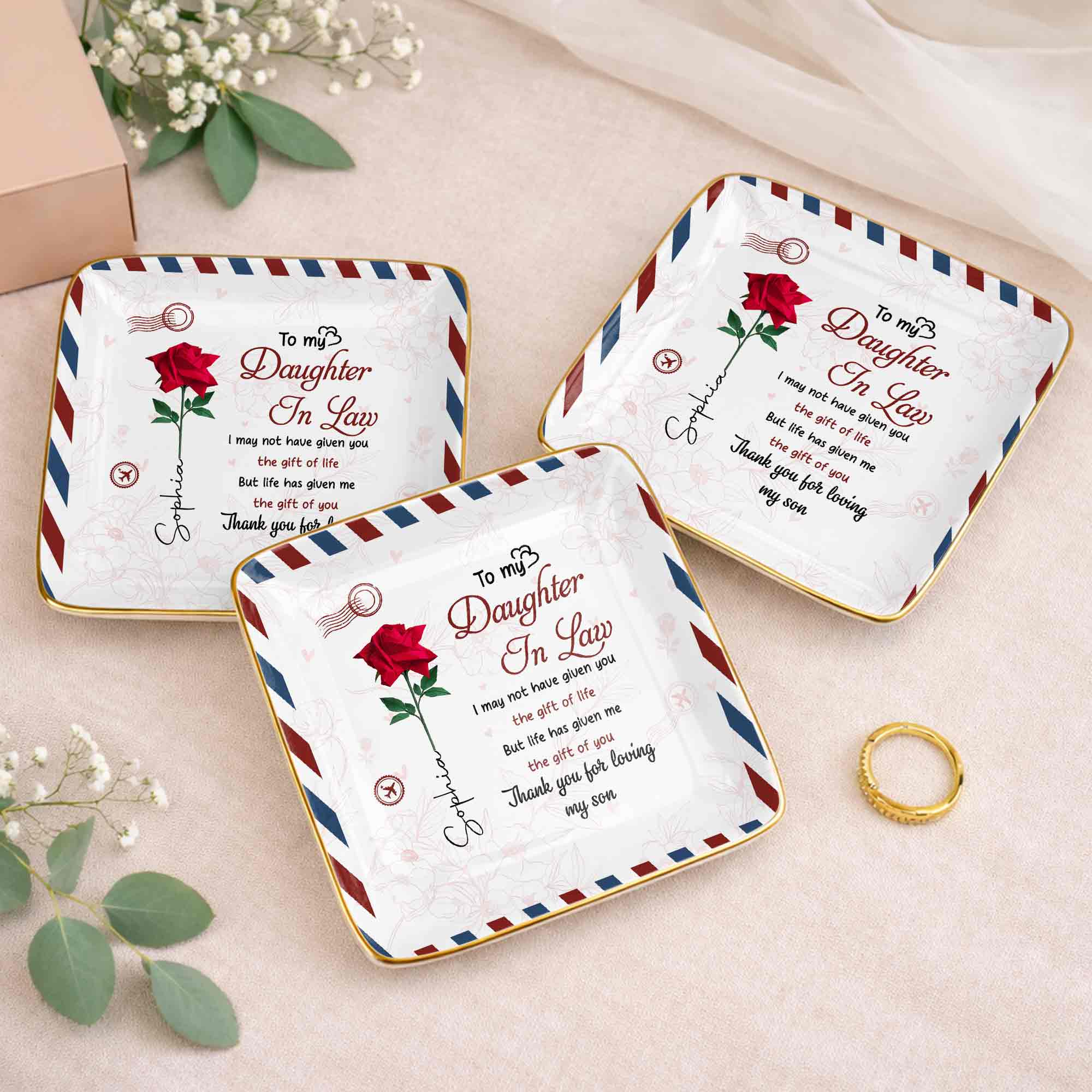 To My Daughter In Law Life Has Given Me The Gift Of You Rose - Personalized Custom Jewelry Dish, Ceramic Dish, Square Shape - DILA332_SCRF