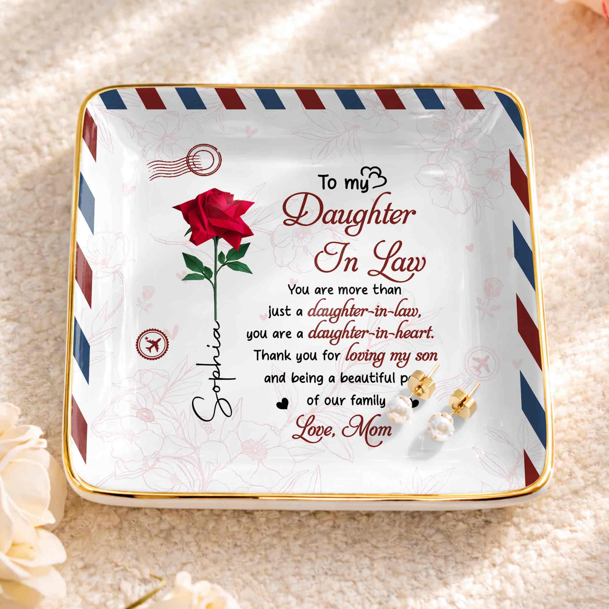 To My Daughter In Law More Than Just A Daughter Flower Envelope - Personalized Custom Jewelry Dish, Ceramic Dish, Square Shape - DILA333_SCRF
