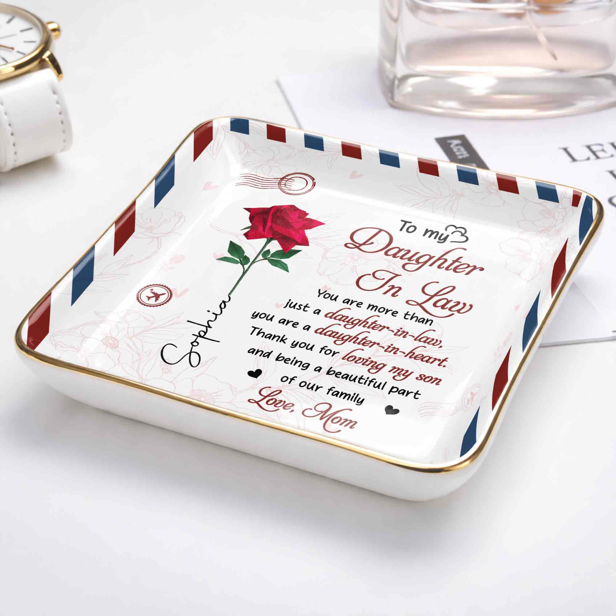 To My Daughter In Law More Than Just A Daughter Flower Envelope - Personalized Custom Jewelry Dish, Ceramic Dish, Square Shape - DILA333_SCRF