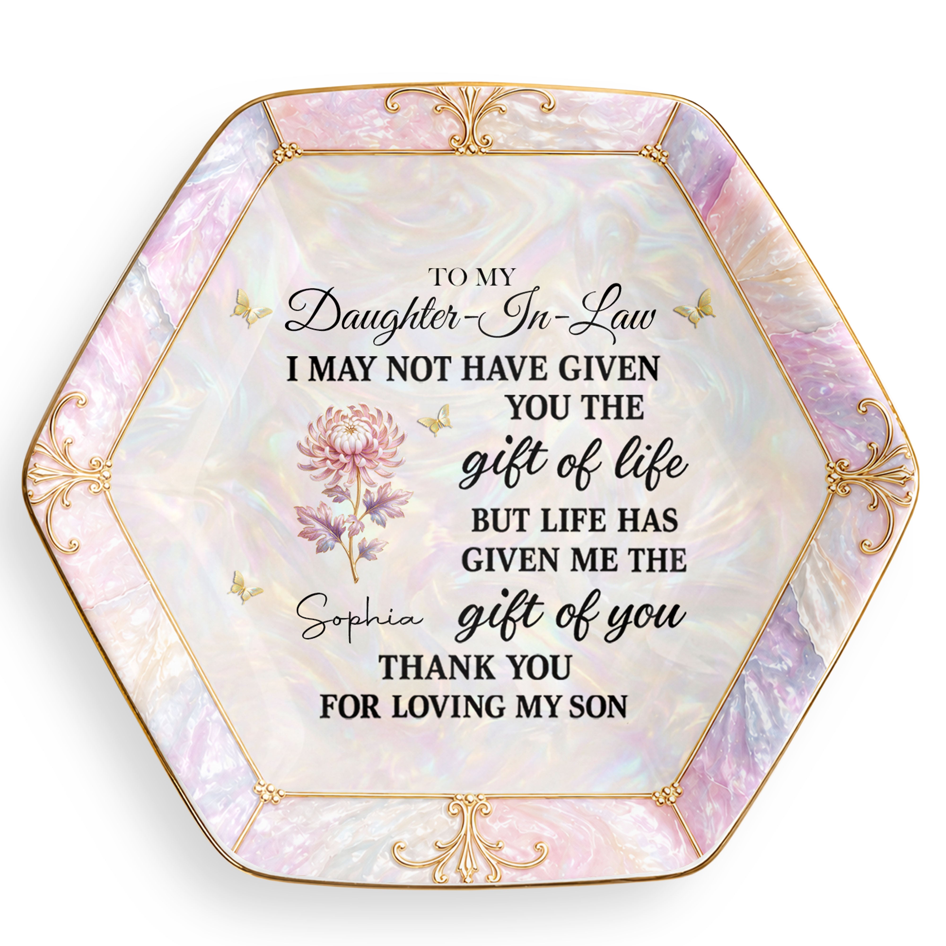 To My Daughter-In-Law Gift Of You Flower Butterfly - Personalized Custom Jewelry Dish, Ceramic Dish, Hexagonal Shape - DILA336_HECRD
