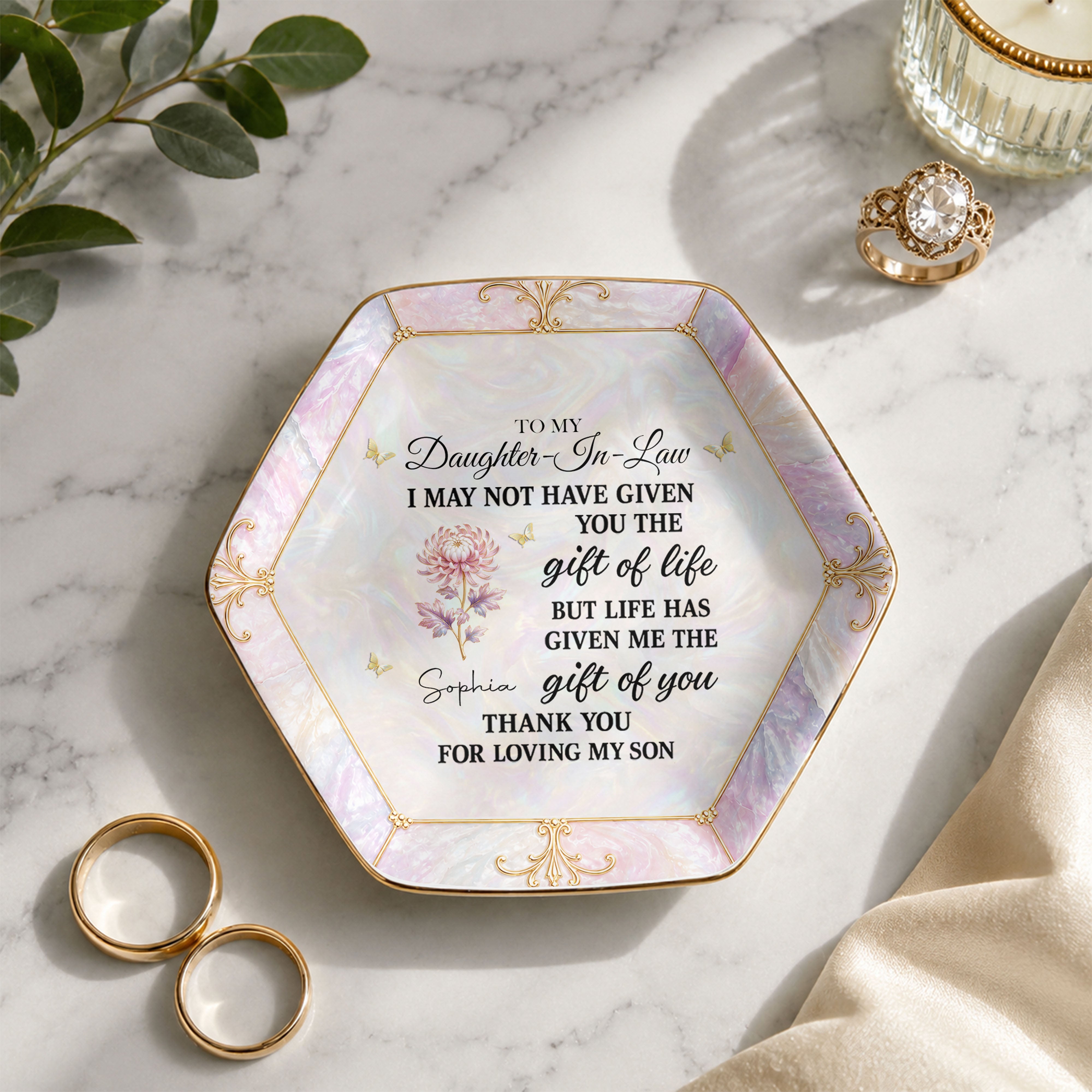 To My Daughter-In-Law Gift Of You Flower Butterfly - Personalized Custom Jewelry Dish, Ceramic Dish, Hexagonal Shape - DILA336_HECRD