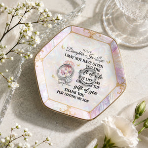 To My Daughter-In-Law Gift Of You Flower Butterfly - Personalized Custom Jewelry Dish, Ceramic Dish, Hexagonal Shape - DILA336_HECRD